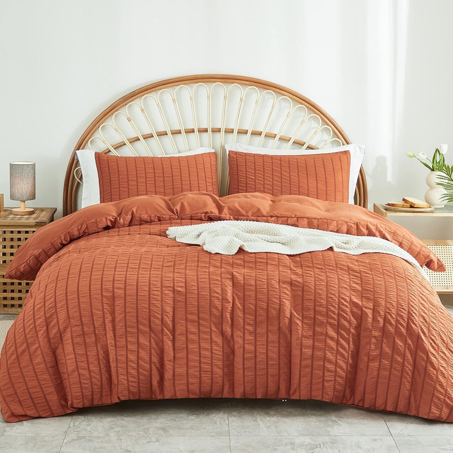 AveLom Terracotta Seersucker Duvet Cover Set Full Size (80 x 90 inches), 3 Pieces (1 Duvet Cover + 2 Pillow Cases), Ultra Soft Washed Microfiber, Textured Duvet Cover with Zipper Closure, Corner Ties