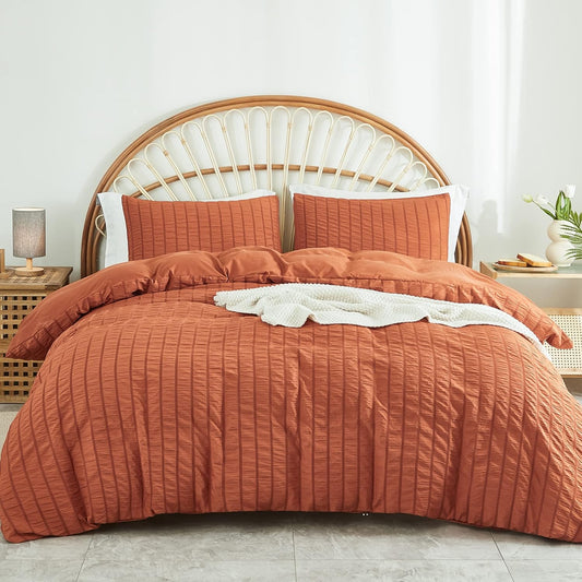 AveLom Terracotta Seersucker Duvet Cover Set Full Size (80 x 90 inches), 3 Pieces (1 Duvet Cover + 2 Pillow Cases), Ultra Soft Washed Microfiber, Textured Duvet Cover with Zipper Closure, Corner Ties