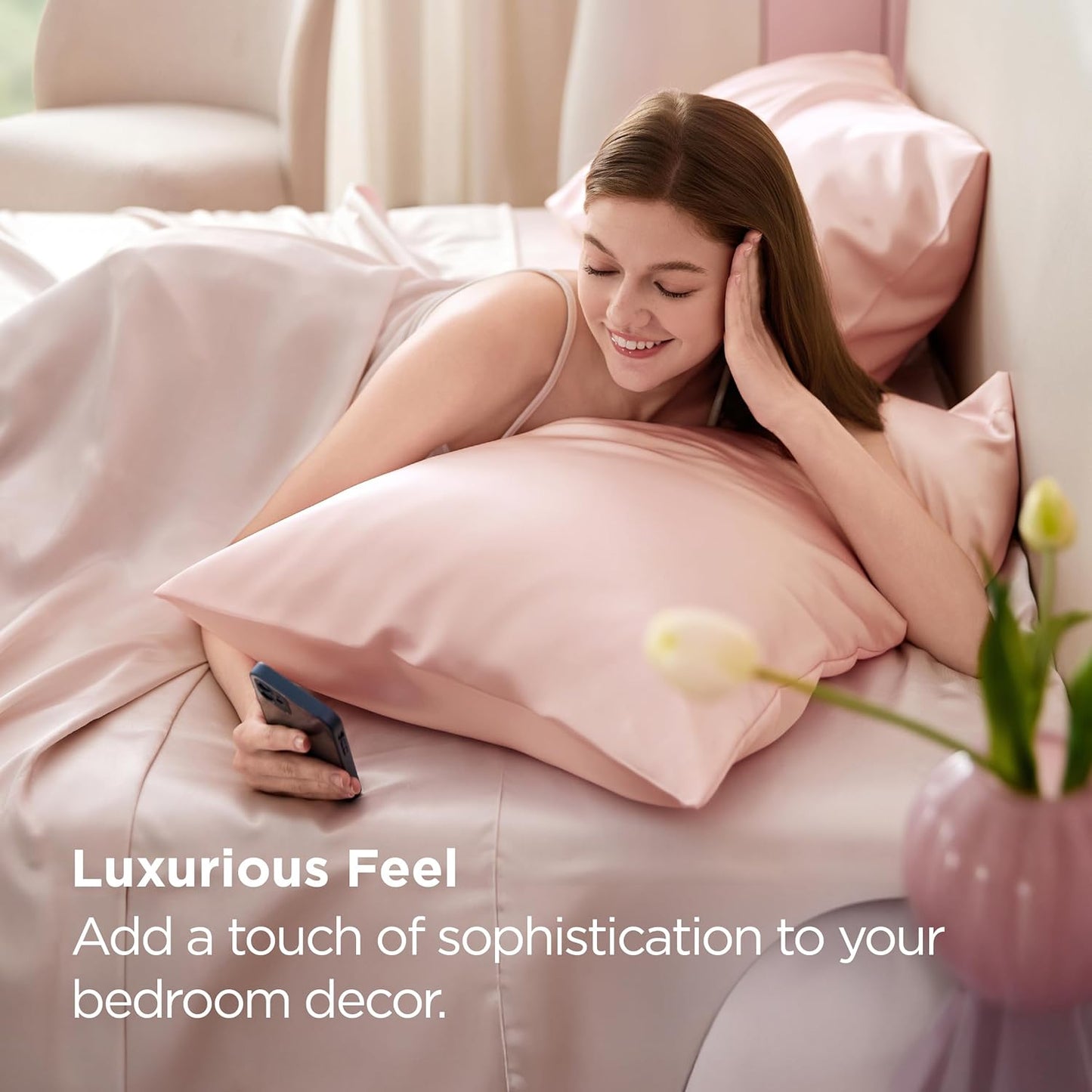 Bedsure Satin Pillowcase for Hair and Skin Queen - Peach Pink Silky Pillowcase 2 Pack with Envelope Closure, Similar to Silk Pillow Cases, Gifts for Women Men, 20x30 Inches, 2pcs