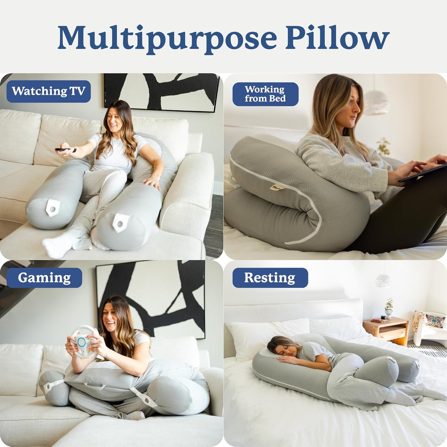 Plufl Hugl Cooling Body Pillow for Adults Made with Memory Foam | U Shaped Maternity Pillows Great for Side Sleepers & Pregnant Women | Washable Cover | Grey