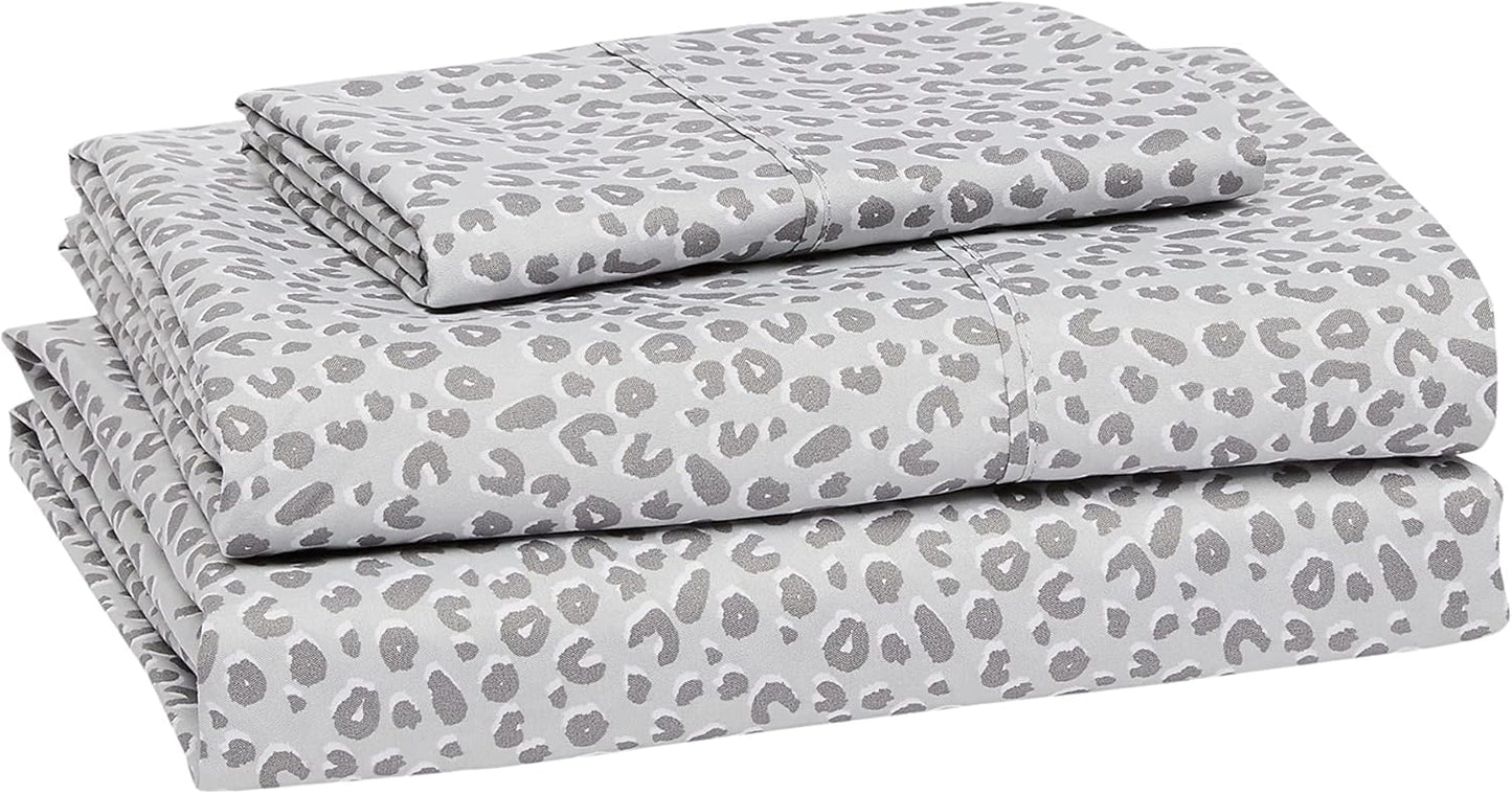 Amazon Basics Lightweight Super Soft Easy Care Wrinkle Free Microfiber 3 Piece Bed Sheet Set with 14-Inch Deep Pockets, Twin, Gray Cheetah, Printed, Kids, Men & Women Bedding