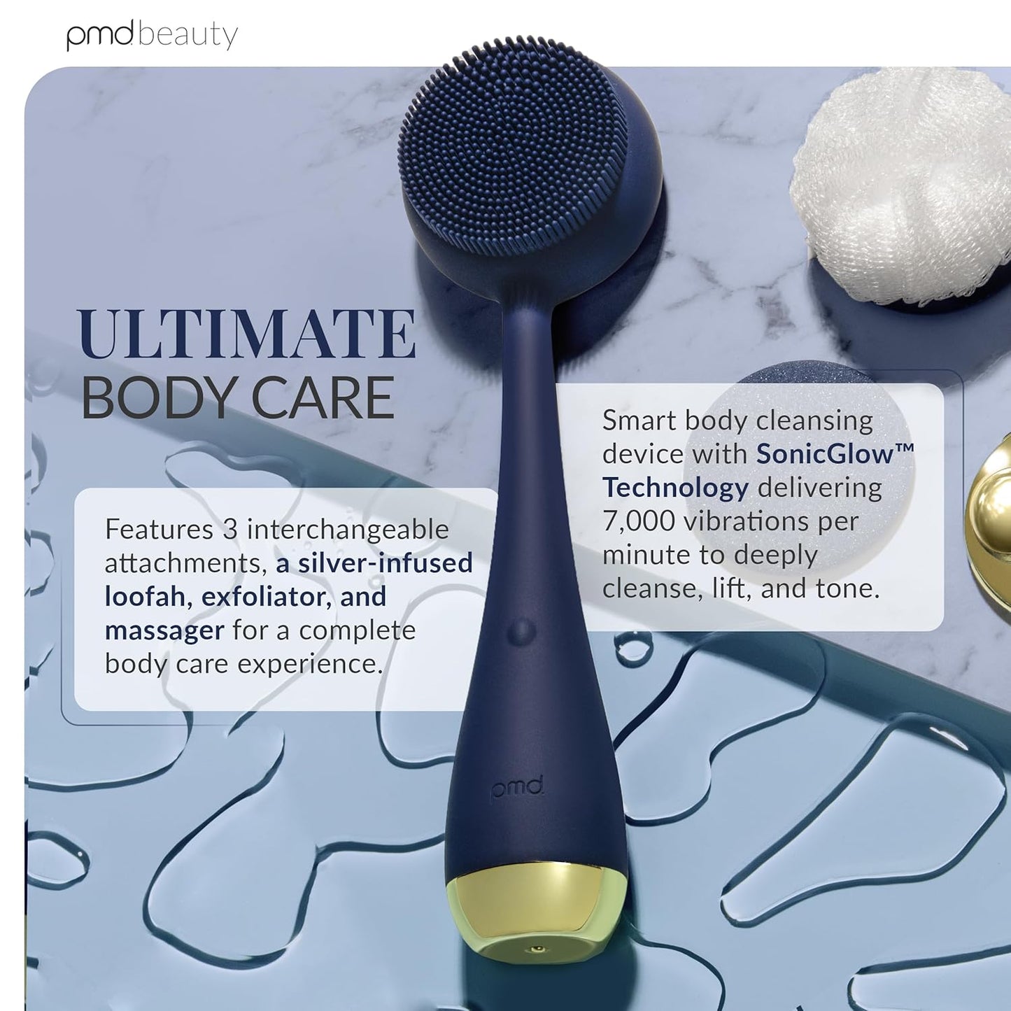 PMD Clean Body - Smart Body Cleansing Device with Silicone Brush & Three Interchangeable Attachments - Waterproof - SonicGlow Vibration - Cleanse, Exfoliate, & Massage Body