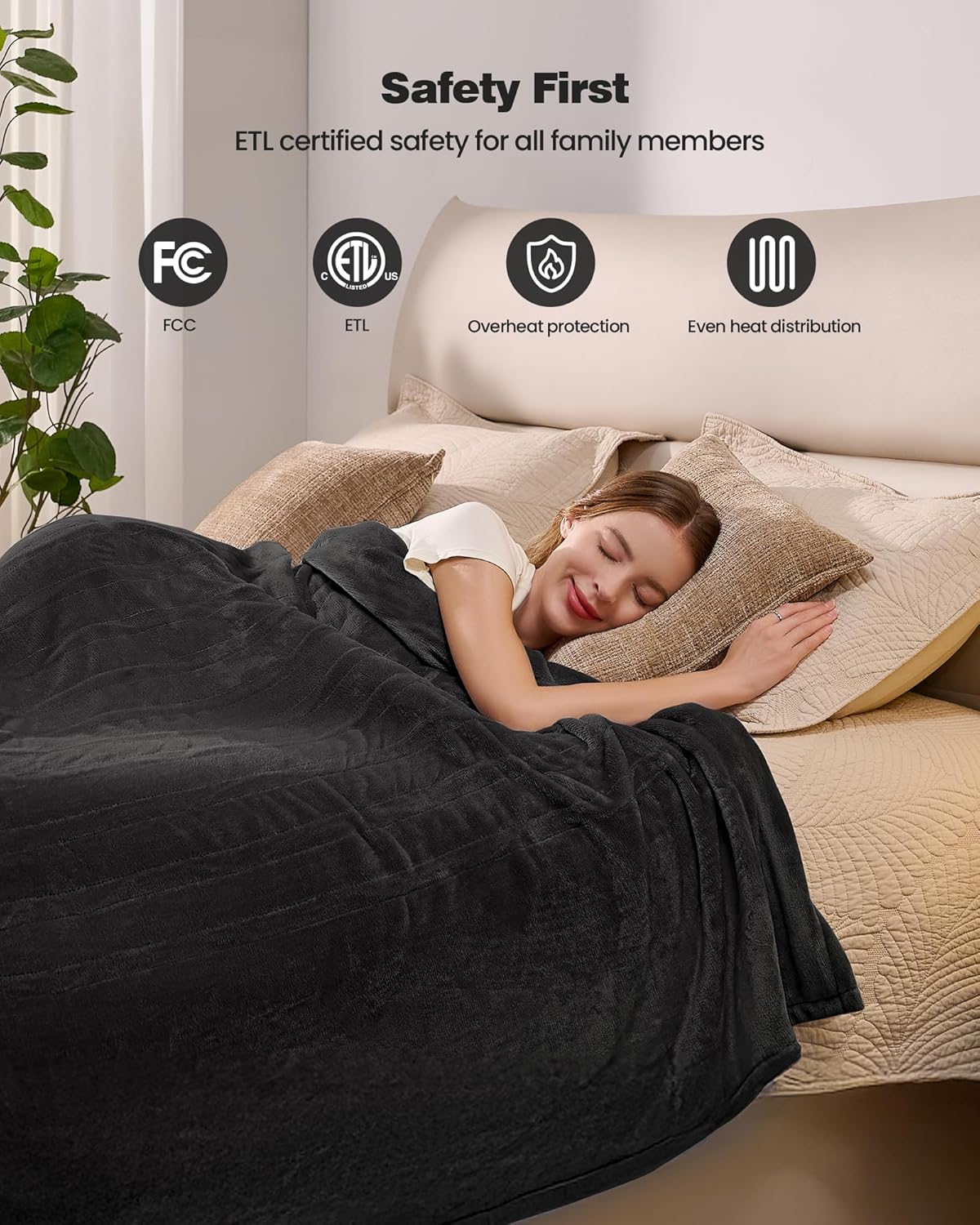 Electric Blanket King- Heated Blanket Super Soft, Dual Control & 9 Heat Settings Heating, 10 Hours Auto Off, Soft Flannel to Sherpa, Fast Heating Electric Throw, Machine Washable, 90" x 100''- Black