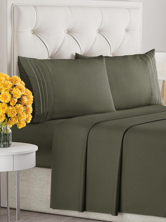 Full Size 4 Piece Sheet Set - Extra Soft, Breathable & Cooling - Hotel Luxury Durable Bed Sheets for Women & Men - Deep Pockets, Easy-Fit & Wrinkle-Free - Dark Olive Grey Oeko-Tex