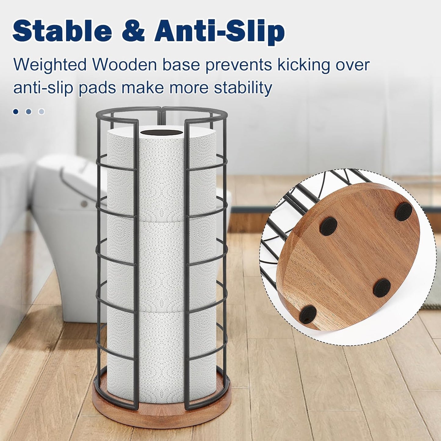 NearMoon Toilet Paper Organizer Stand, Freestanding 3 Rolls Tissue Storage, Metal Bathroom Accessory, Rustproof Toilet Roll Holder for Kitchen Countertop Inside Cabinet Shelf(Wooden Base, Matte Black)