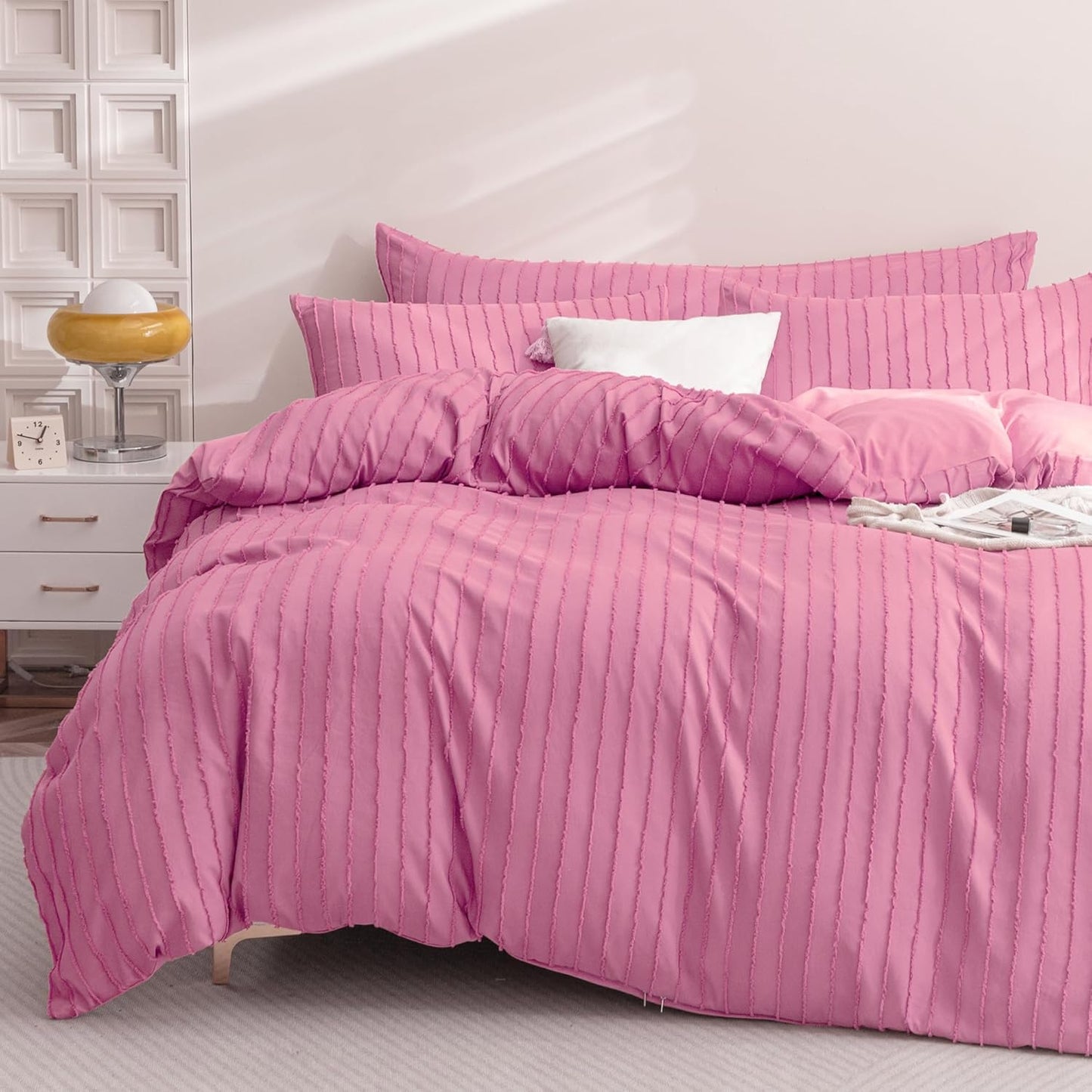 JELLYMONI Duvet Cover Queen Size Bright Pink - 3PCS Boho Striped Duvet Cover Set Polyester Tufted Bohemian Textured Comforter Cover with Corner Ties & Zipper Closure