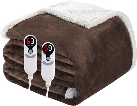Electric Heated Blanket Queen Size 84"x90", Soft Flannel with Dual Controllers & Overheat Protection, 6 Adjustable Heat Settings & 10-Hour Auto-Off Timer, Fast Heating for Winter Comfort, Dark Brown