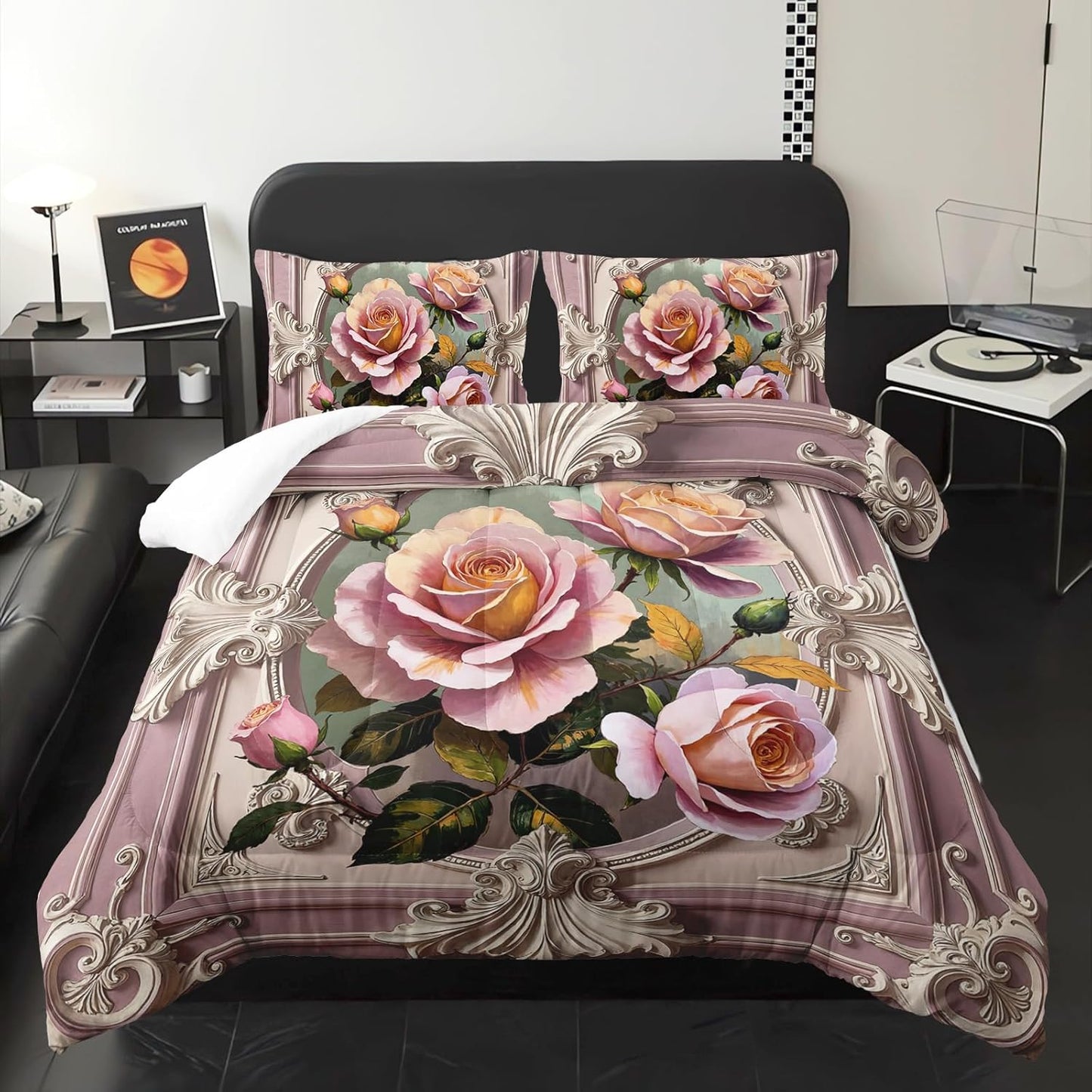 Pink and White Flower Queen Size Comforter Set，Flower Bed Bedding for Kids Queen Size