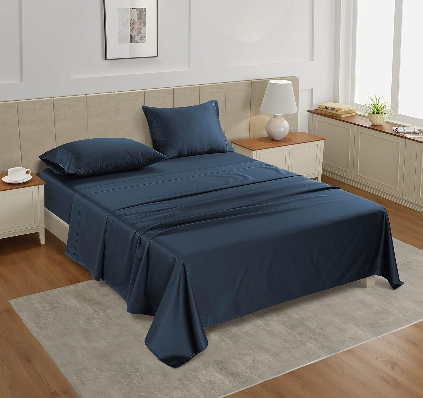 LANE LINEN California King Sheet Sets – 450 Thread Count 100% Cotton Sheets, Soft Sateen Weave, 15” Deep Pocket Fully Elasticized Fitted Sheet, Luxury Hotel Bedding & Pillowcases, Estate Blue