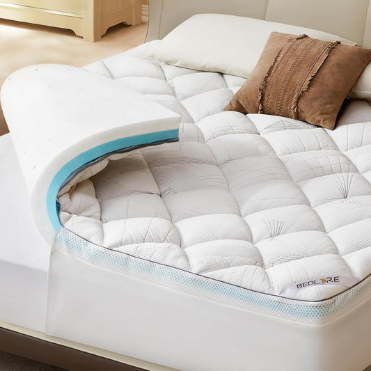 Bedlore 4-Inch California King Mattress Topper for Back Pain - Dual Layer Medium Support (2" Gel Memory Foam + 2" Cooling Fluffy Pillow Top Pad), Breathable & Pressure Relief (White)