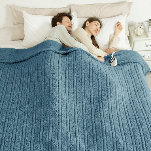 Electric Blanket Queen Size Single Control - Soft Double Sided Sherpa Heated Blanket with 6 Fast Heating Levels & 10 hrs Timer Settings, Washable & Overheat Protection for Bed, Blue