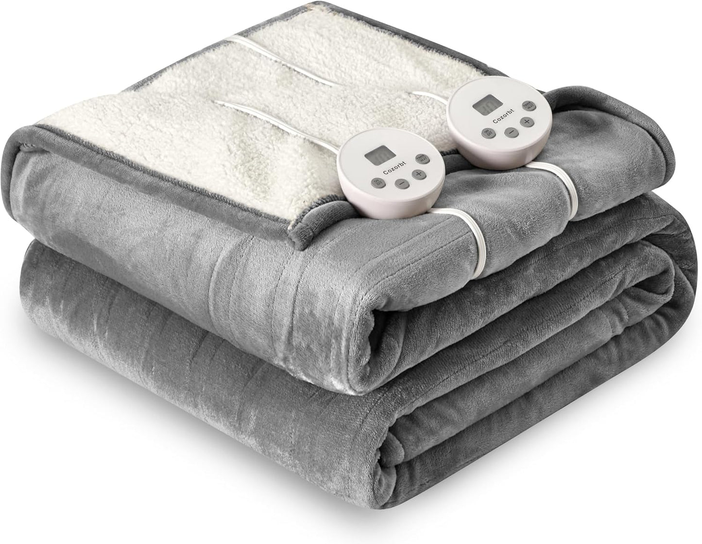 Heat Blanket 84”x90” Queen Size-Dual Control，Soft Flannel & Sherpa Electric Blanket with 10 Heat Settings,12 Timer Setting and 8 Hours Auto-Off,ETL Certified Machine Washable,Light Grey