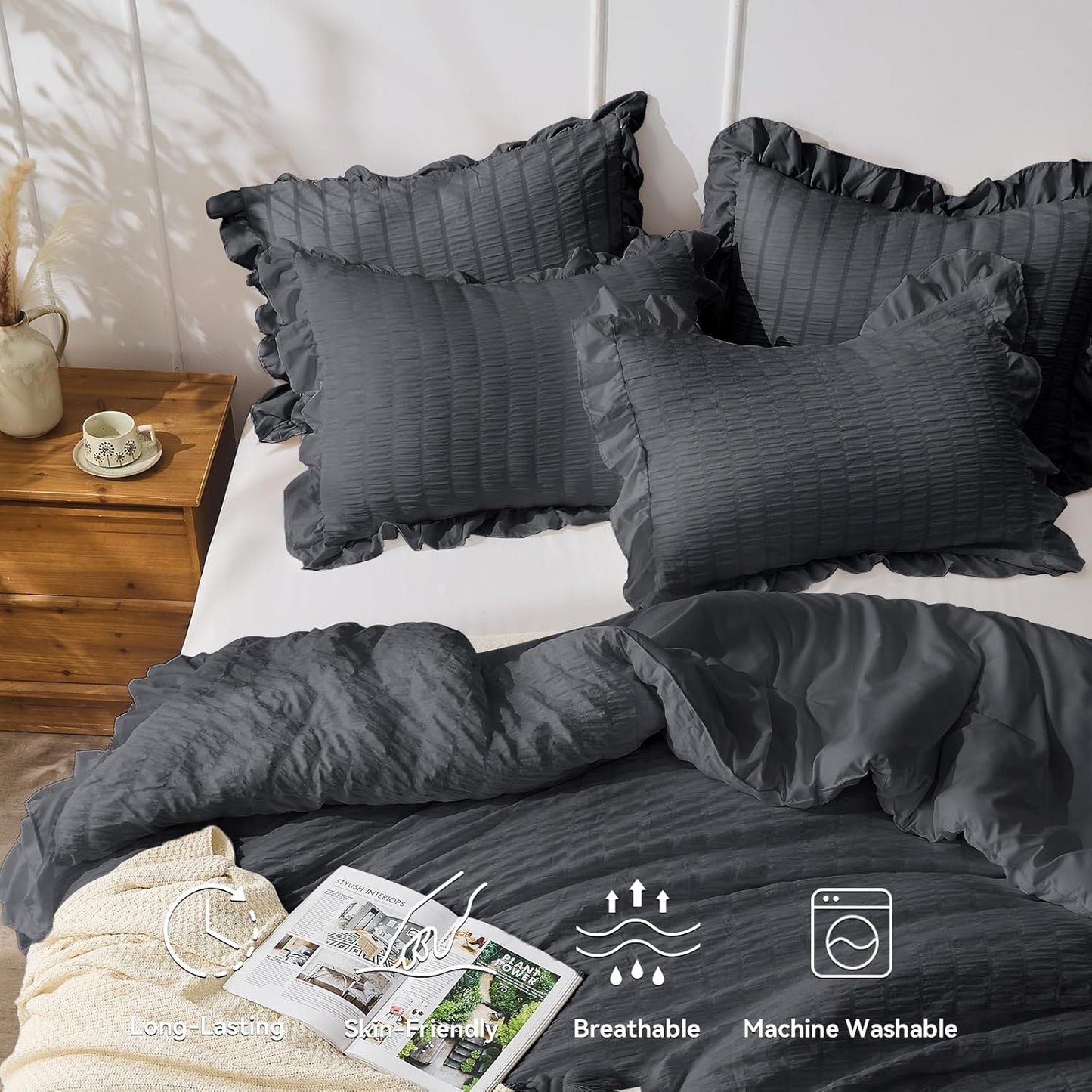 JOLLYVOGUE Dark Gray Queen Comforter Set, 3 Pieces Seersucker Bedding Comforter Sets, All Season Bed in a Bag Queen, Lightweight & Fluffy Queen Bedding Set with 1 Comforter, 2 Ruffle Pillowshams