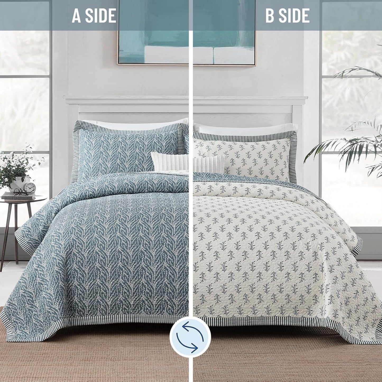 Quilt Set Queen Size - 100% Cotton Blue and White Quilt, Floral Reversible Bedspread Bedding Set, Lightweight Botanical Pattern Coverlet with 2 Pillow Shams, 3-Piece All Season, 90x98