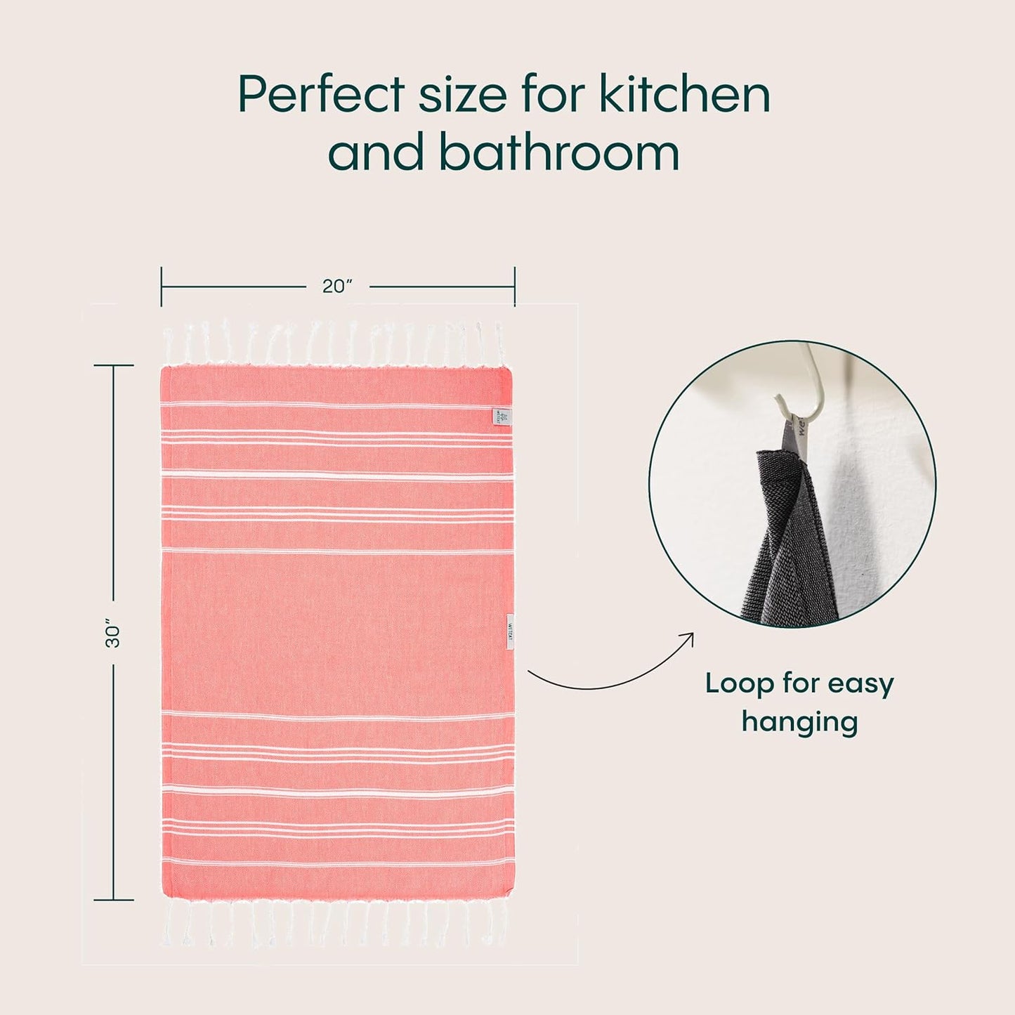 WETCAT Turkish Hand Towels with Hanging Loop, Set of 2 (20" x 30") 100% Turkish Cotton, Pre-Washed, Quick Drying, for Kitchen or Bathroom - Dark Coral