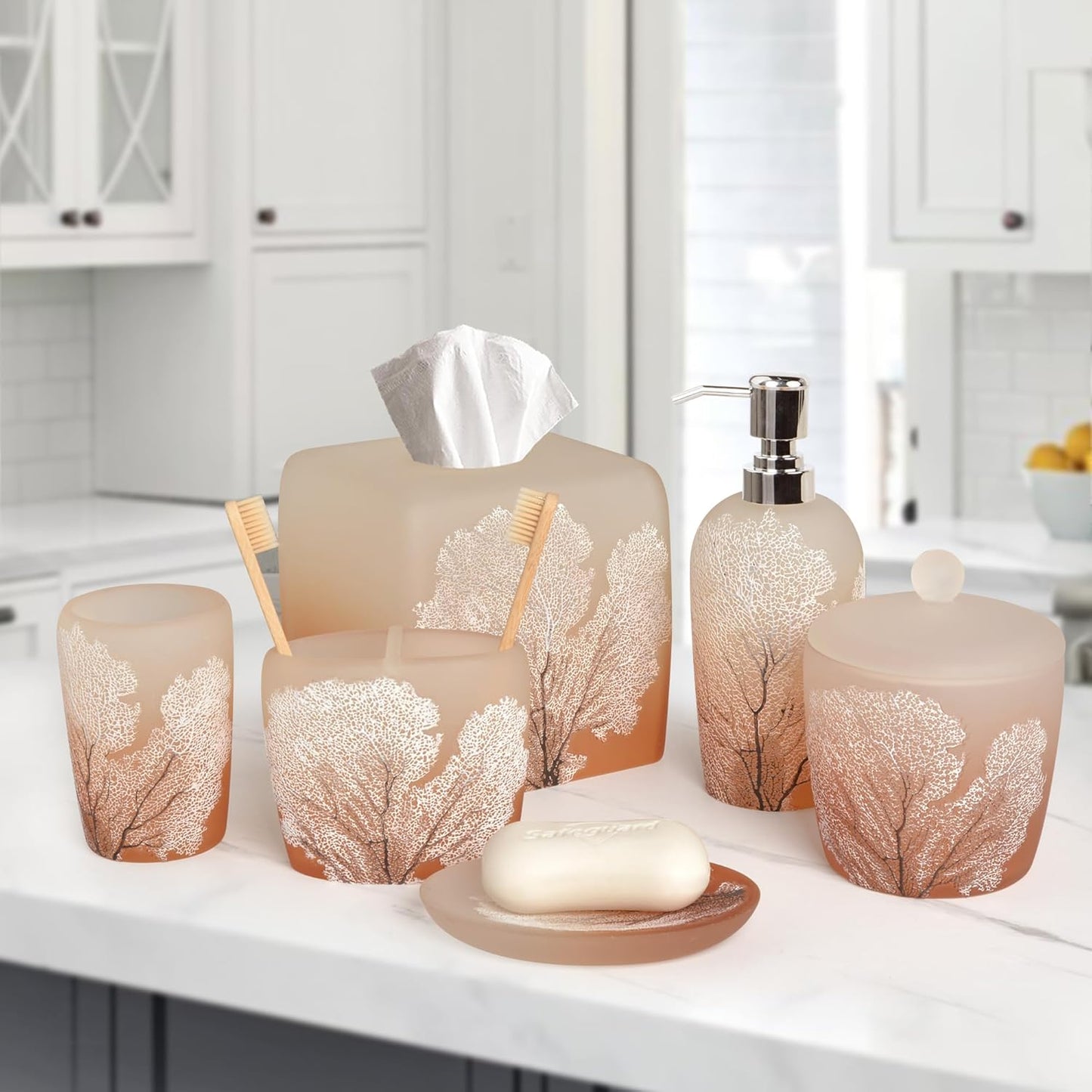 Decozen Bathroom Accessories Set 6Pcs – Soap Dispenser, Toothbrush Holder, Tumbler, Soap Dish & Cotton Swab Jar – Modern Bathroom Decor, Bath Set for Christmas Decor, Carruthers