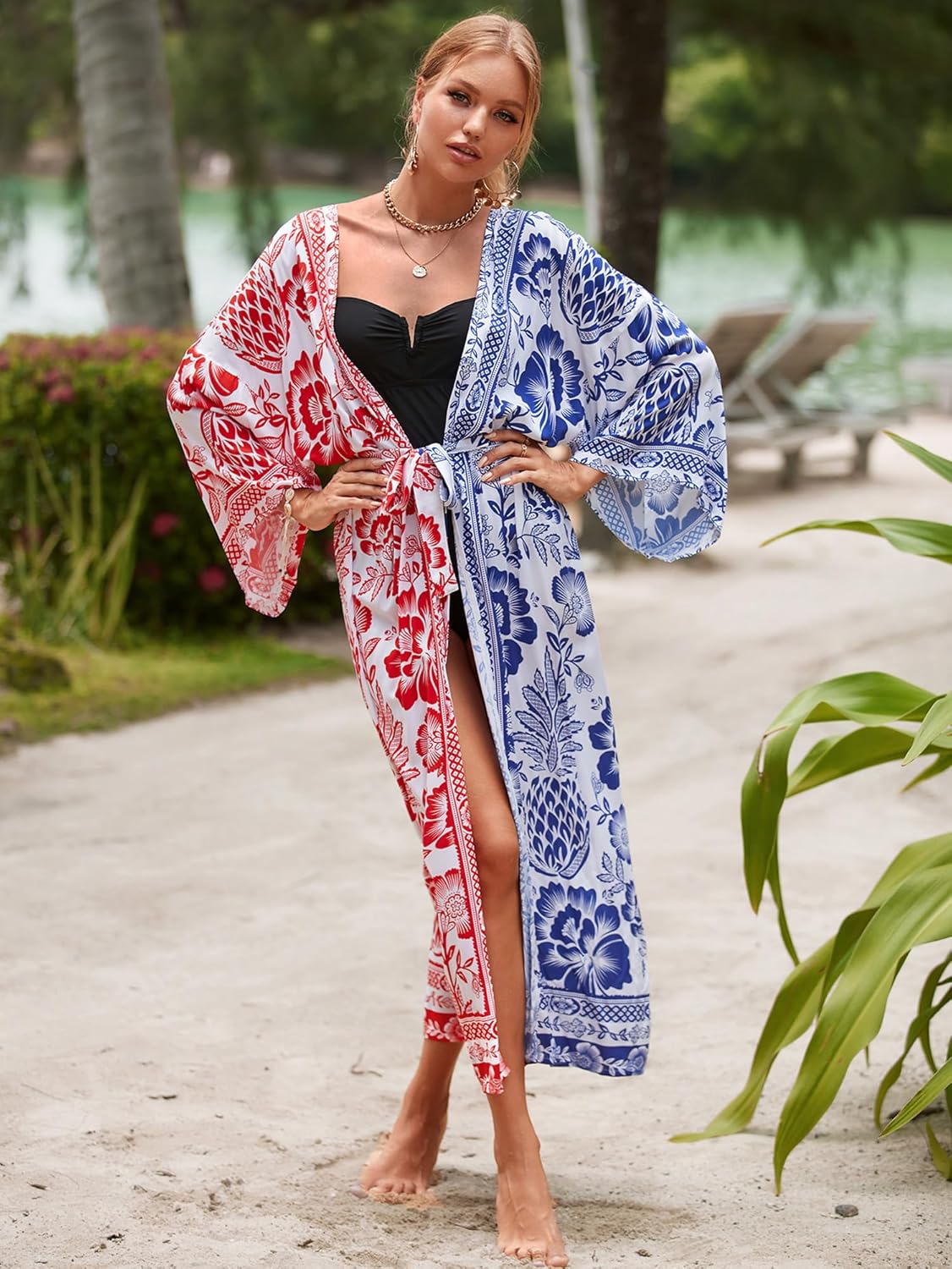 Women Casual Open Front Lightweight Cardigan Long Beach Kimono Cover Up