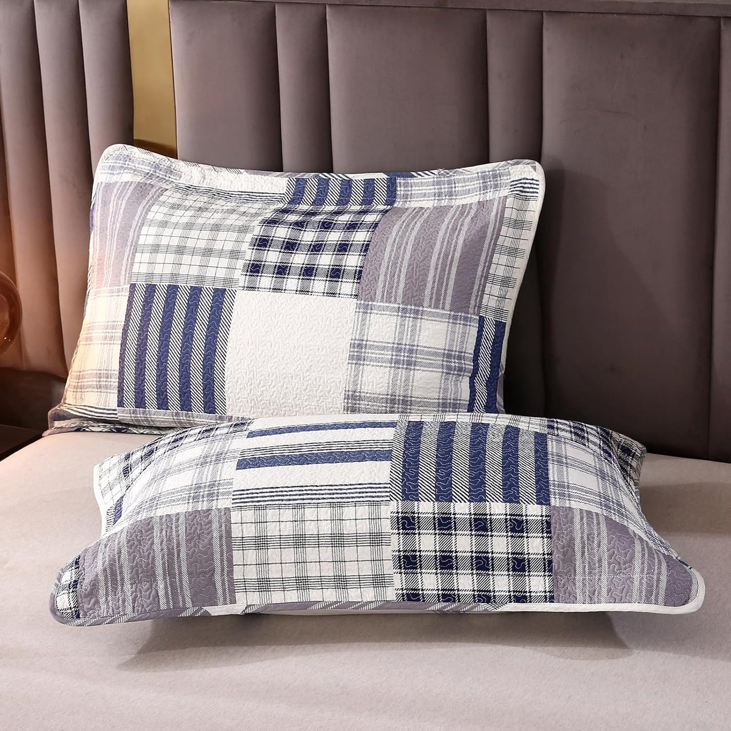vctops Cotton Quilted Patchwork Quilt Set Queen Size Farmhouse Blue Plaid Bedspreads Coverlet 3 Pieces Summer Lightweight 1 Quilt and 2 Pillow Shams for All Season (Plaid B,Queen)