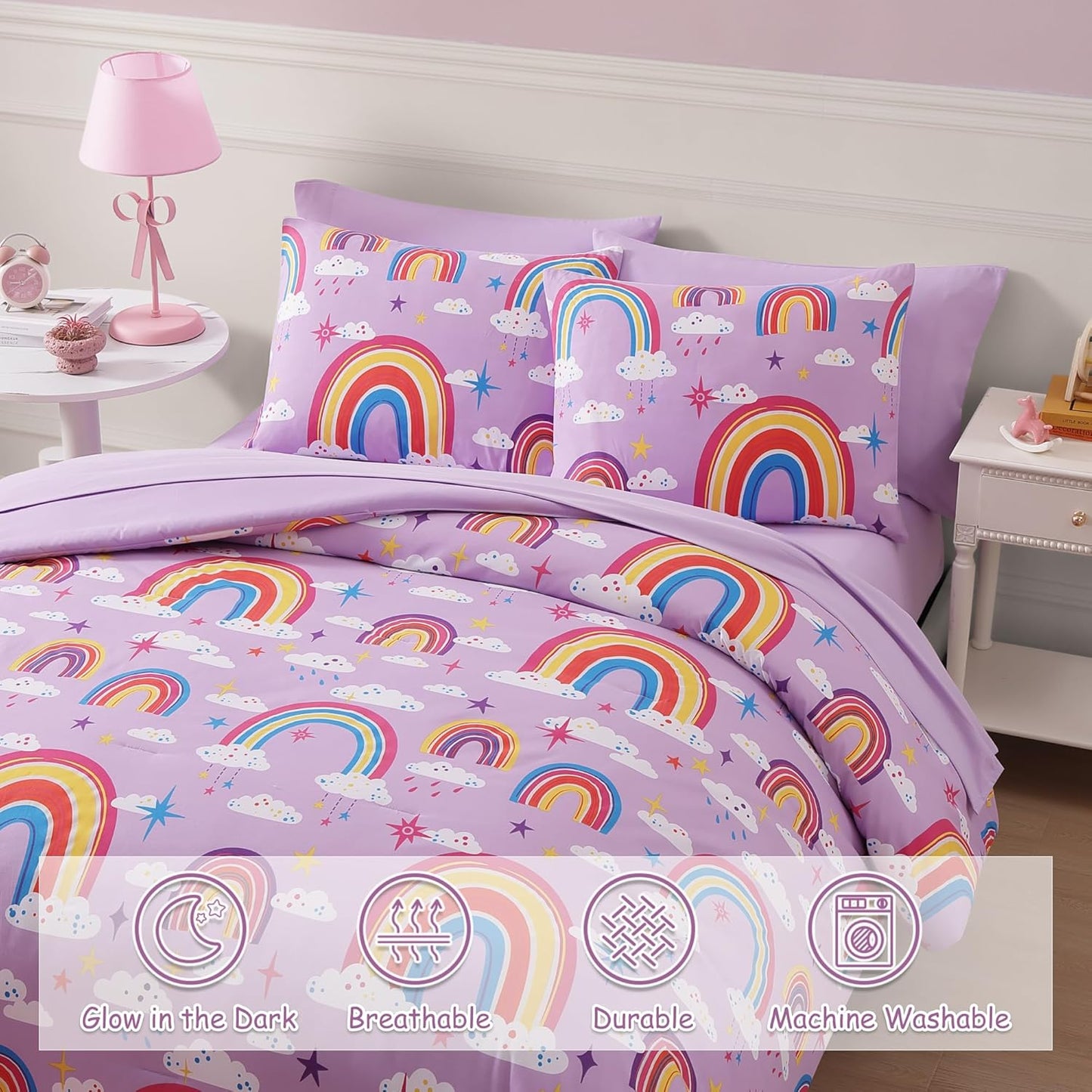 Twin Comforter Set for Girls-5 Pieces Purple Rainbow Glow in The Dark Twin Bedding Sets for Kids, Ultra Soft Bed in A Bag with Sheets