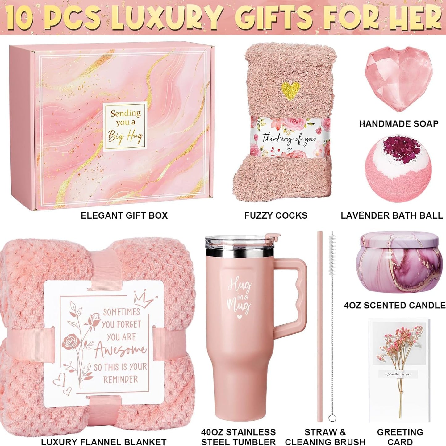 Birthday Gifts for Women Self Care Gifts Get Well Soon Gifts, Rose Relaxing Spa Gifts Basket Care Package w/ Flannel Blanket 40 OZ Tumbler, Christmas Gifts for Mom Wife Grandma Friends Sisters Her