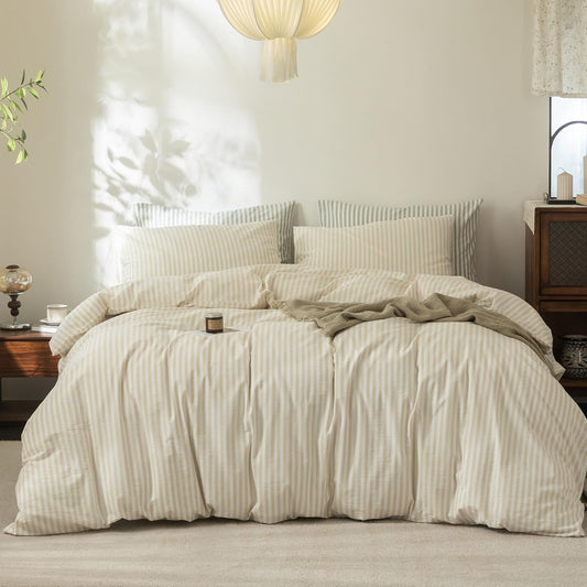 FOSSA Striped Duvet Cover Set 100% Washed Cotton Linen Feel Super Soft Breathable Cozy 3 Pieces Bedding Sets Almond Milk Grey Classic Stripes King