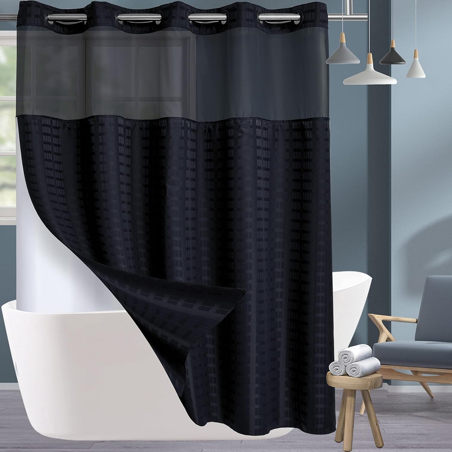 Conbo Mio Extra Long No Hook Shower Curtain with Snap in Liner Set, Hotel Luxury Black Shower Curtains for Bathroom with See Through Top Window, Waterproof, Washable 71W x 84H