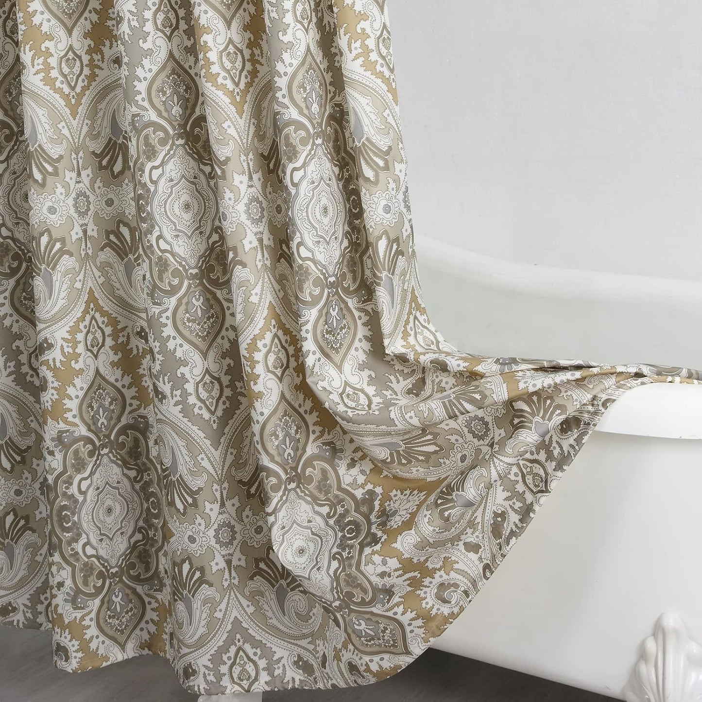 Fabric Shower Curtain, Beige and Grey Printed Boho Paisley Damask Pattern Shower Curtains for Bathroom, Waterproof Bathroom Curtains, 72" W x 72" H