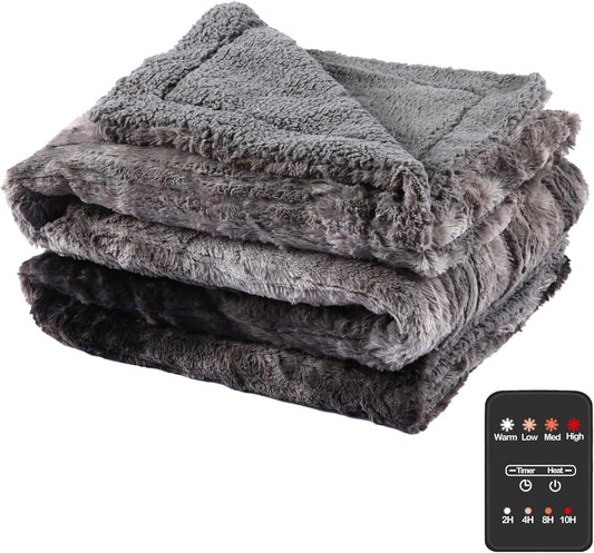 Electric Heated Blanket Throw Size 50" x 60", Super Cozy Warmth Soft with 4 Heating Levels & 4 Hours Auto Off, Plush Faux Fur, Machine Washable, Home Office Use, Gradient Gray
