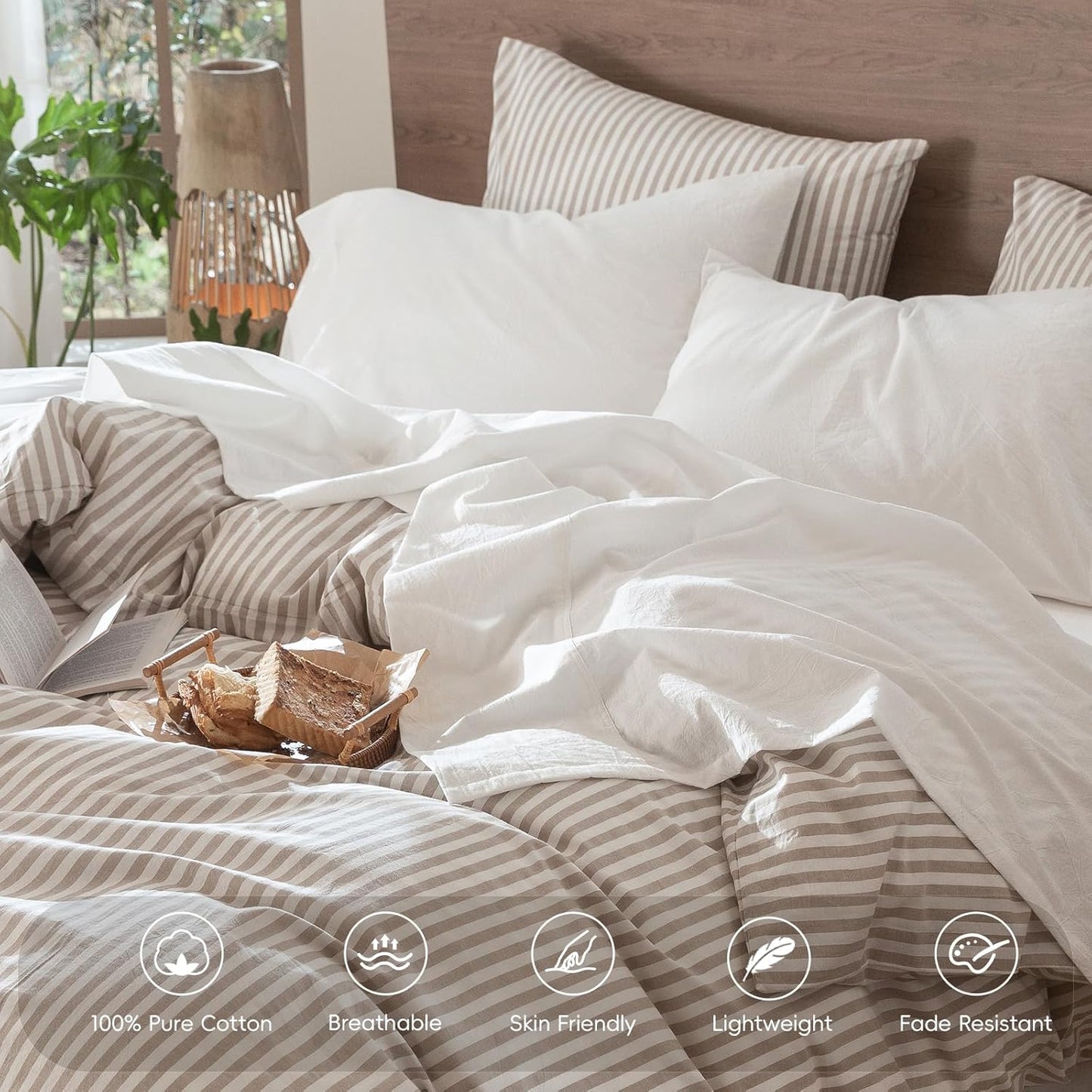 MooMee Bedding Sheet Set 100% Washed Cotton Linen Like Textured Breathable Durable Soft Comfy (Solid Off White, King)