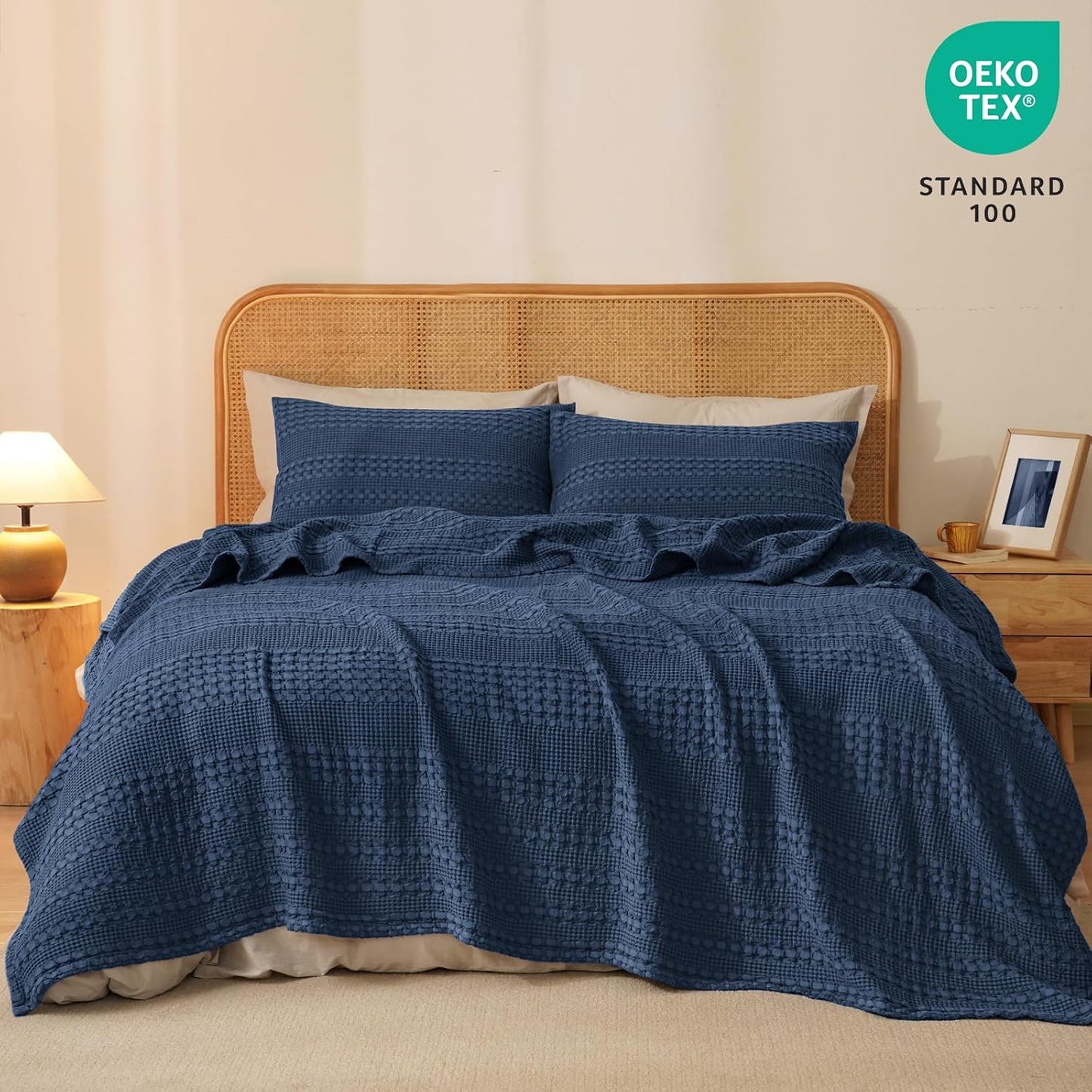 PHF 100% Cotton Waffle Weave Blanket Twin Size for Bed, Soft Lightweight & Breathable, All-Season Comfort, Luxury Aesthetic Woven Bedding for Home Decor, 66"x90", Blue Sapphire