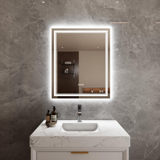Bathroom Mirror with Lights 30"X36" with Front Light and Backlit, Tempered Glass, Wall Mount Horizontal/Vertical, Stepless Dimmable, 3 Colors, Anti Fog, Bathroom Memory LED Mirror