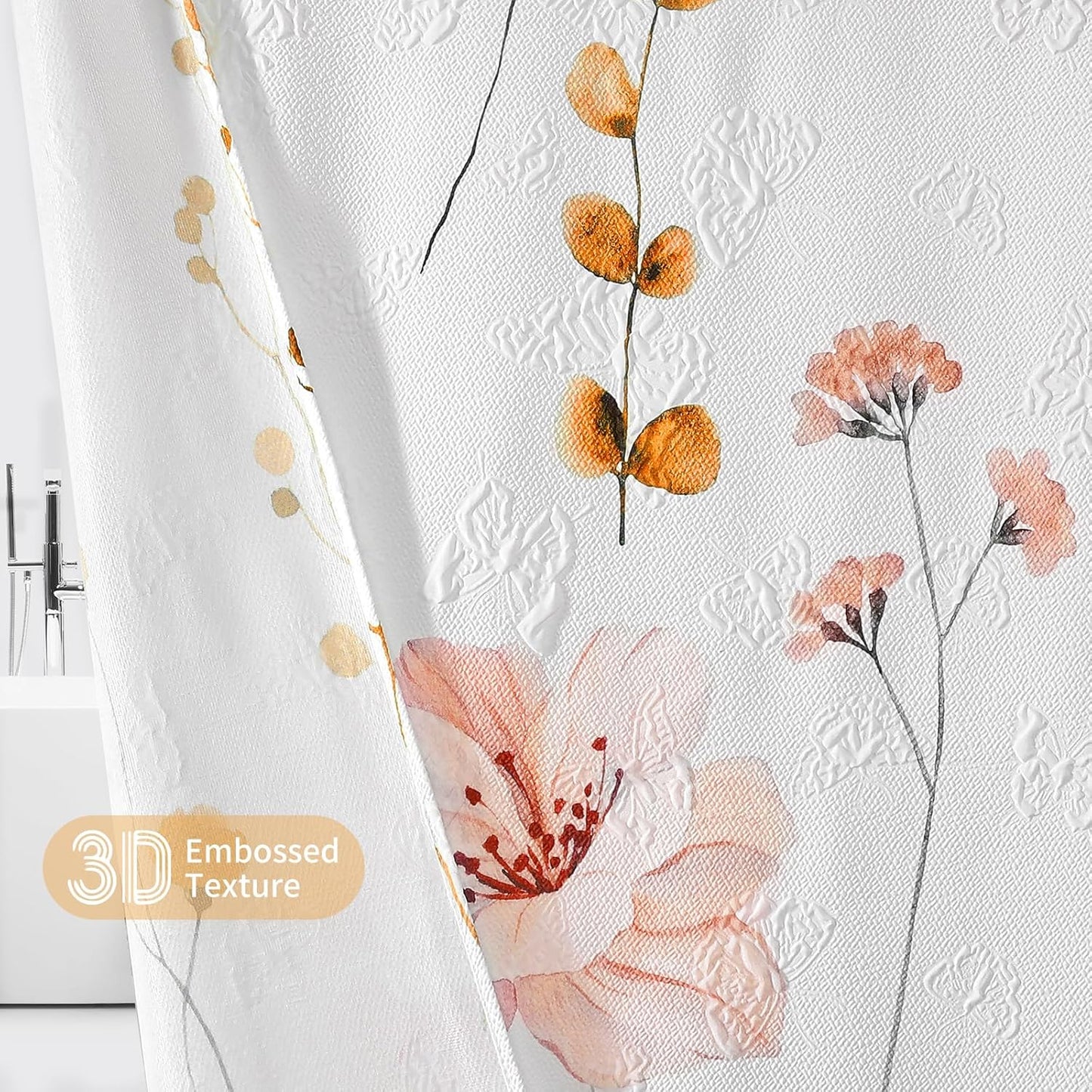 QIYI Watercolor Floral Shower Curtain, 3D Embossed Butterflies Orange Pink Flower Bathroom Curtain, Minimalist White Cloth Bath Curtain, Waterproof Fabric Textured Shower Curtain Set with Hooks, 72x72