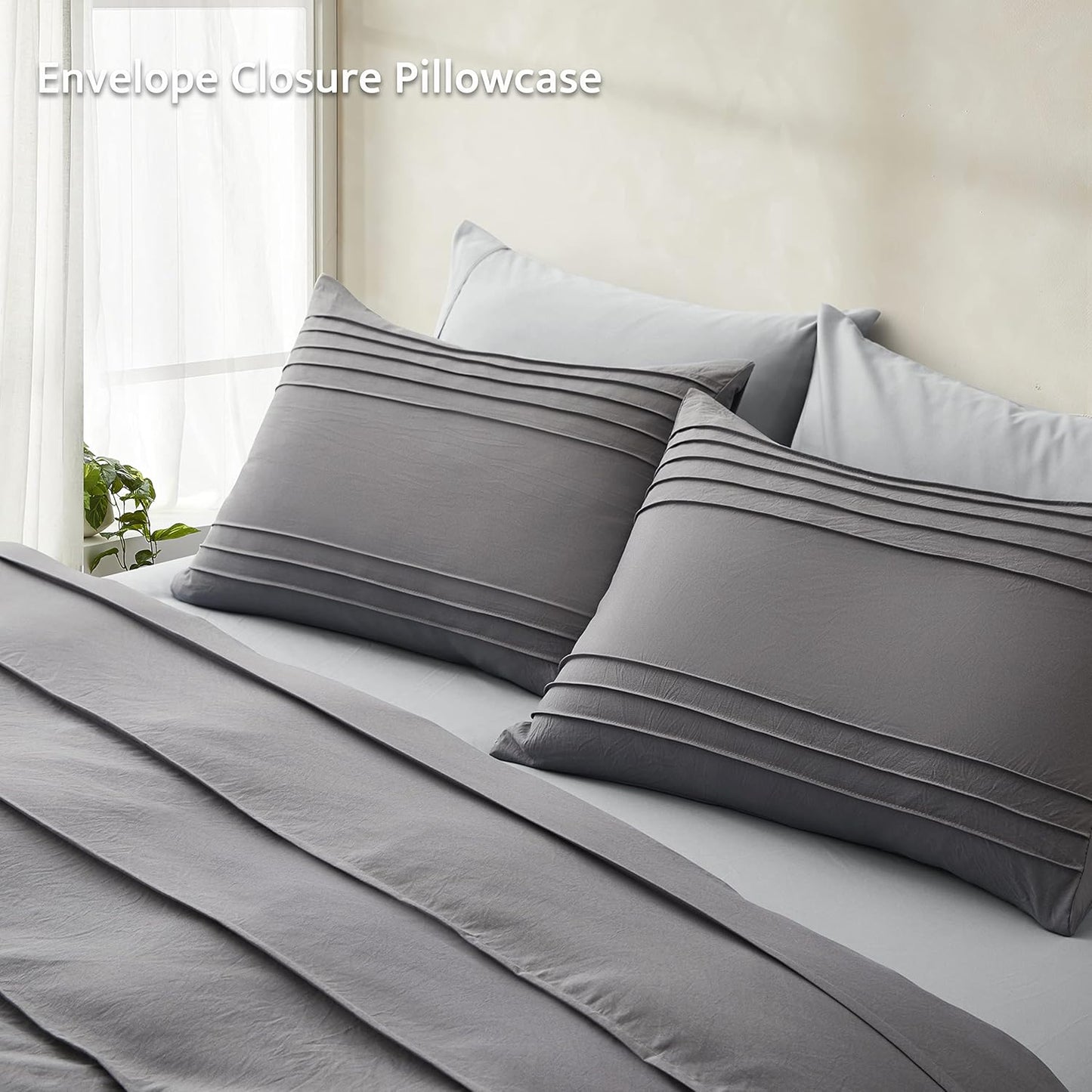 Oli Anderson Grey Duvet Cover Queen Size - Pleated Queen Duvet Cover, 3PCS Soft and Breathable Textured Bedding Set with Zipper Closure(Grey,90"x90")