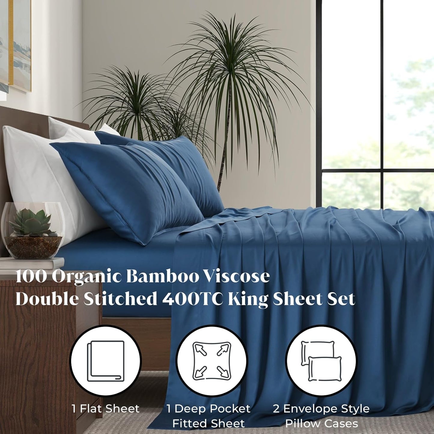 Luxury Bamboo Market | King Size Bed Sheet Set | 100% Viscose Made from Bamboo | Organically Grown | Ultra Soft | Cooling Sheets for Hot Sleepers | 17" Deep Pocket [Midnight Blue]
