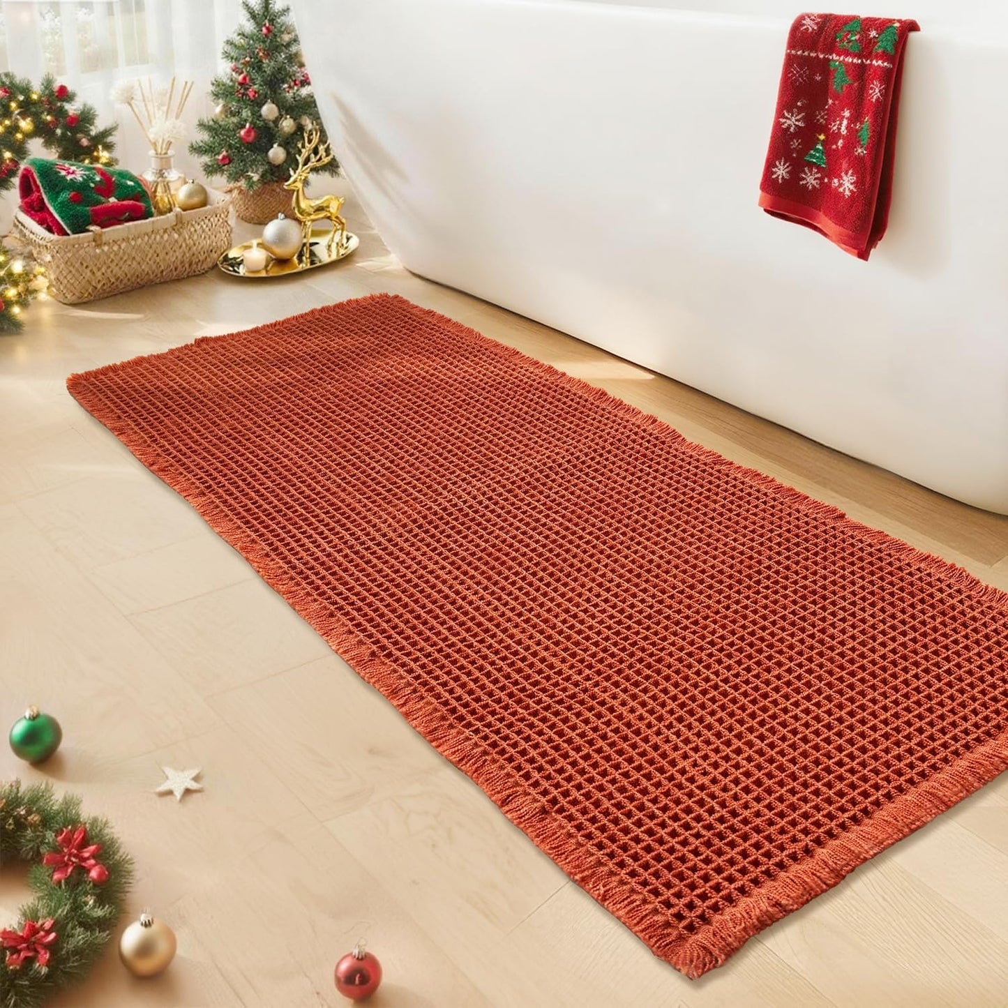 Waffle Runner Bath Mat - Long Boho Bathroom Rugs Non Slip Washable, Super Absorbent & Quick Dry, Soft Bath Mat Farmhouse Bathroom Decor, 24'' x 60'', Dirty Orange