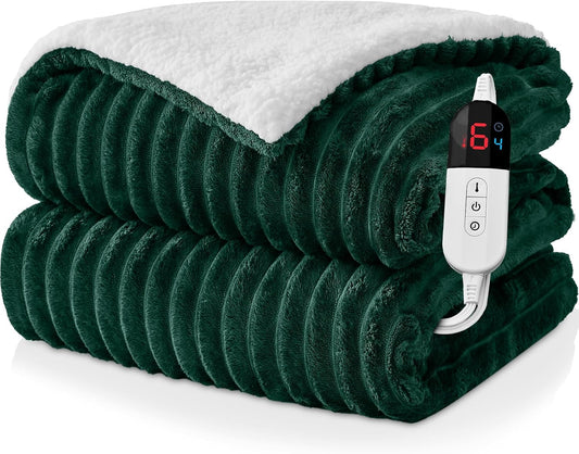 Electric Heated Throw Blanket - 50"x60" Fast Heating Bed Blankets with 6 Heating Levels & 4 Hours Auto Off, Soft Ribbed Flannel Sherpa, Over-Heated Protection ETL, Dark Green