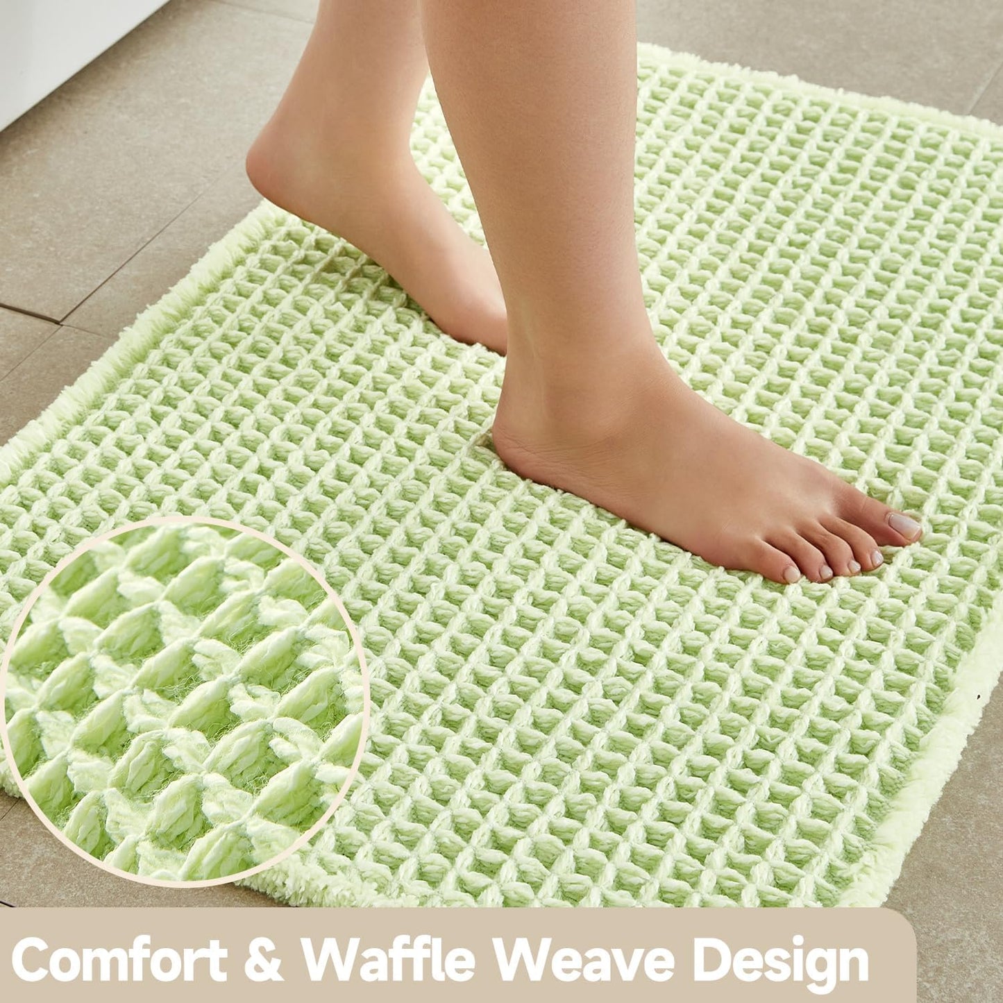 Waffle Bath Mat, Boho Bathroom Rugs Non Slip Washable Super Absorbent Quick Dry Cute Bath Mat Farmhouse Bathroom Decor, 48"x24" Pale Green