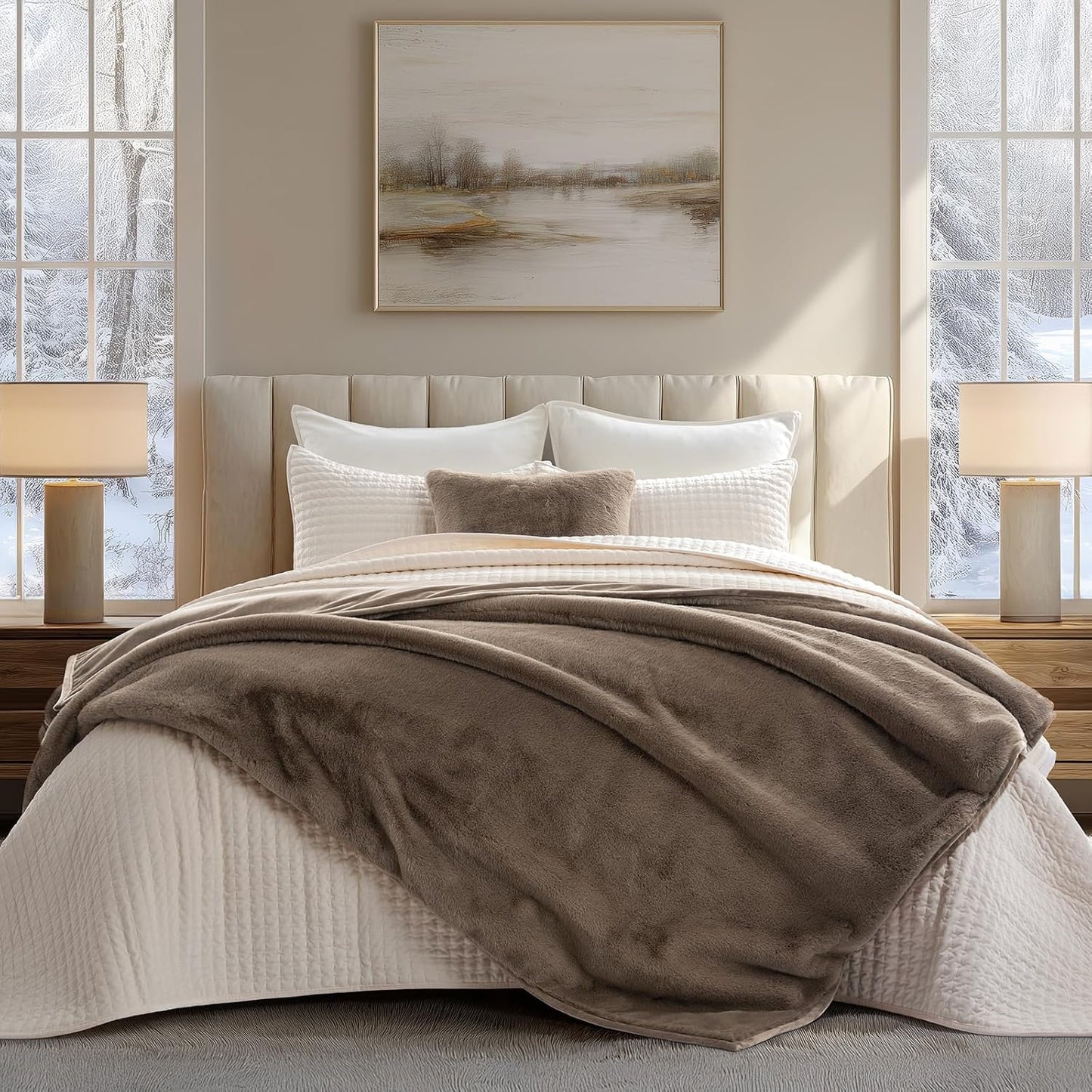 EVERGRACEHOME Ultra Soft Luxury Fluffy Mink Faux Fur Throw Blanket, Thick Warm Fall Winter Blankets for Bed, Couch, Cozy Plush Reversible Blanket for Chair, Sofa (Natural Tan, 50"x60")