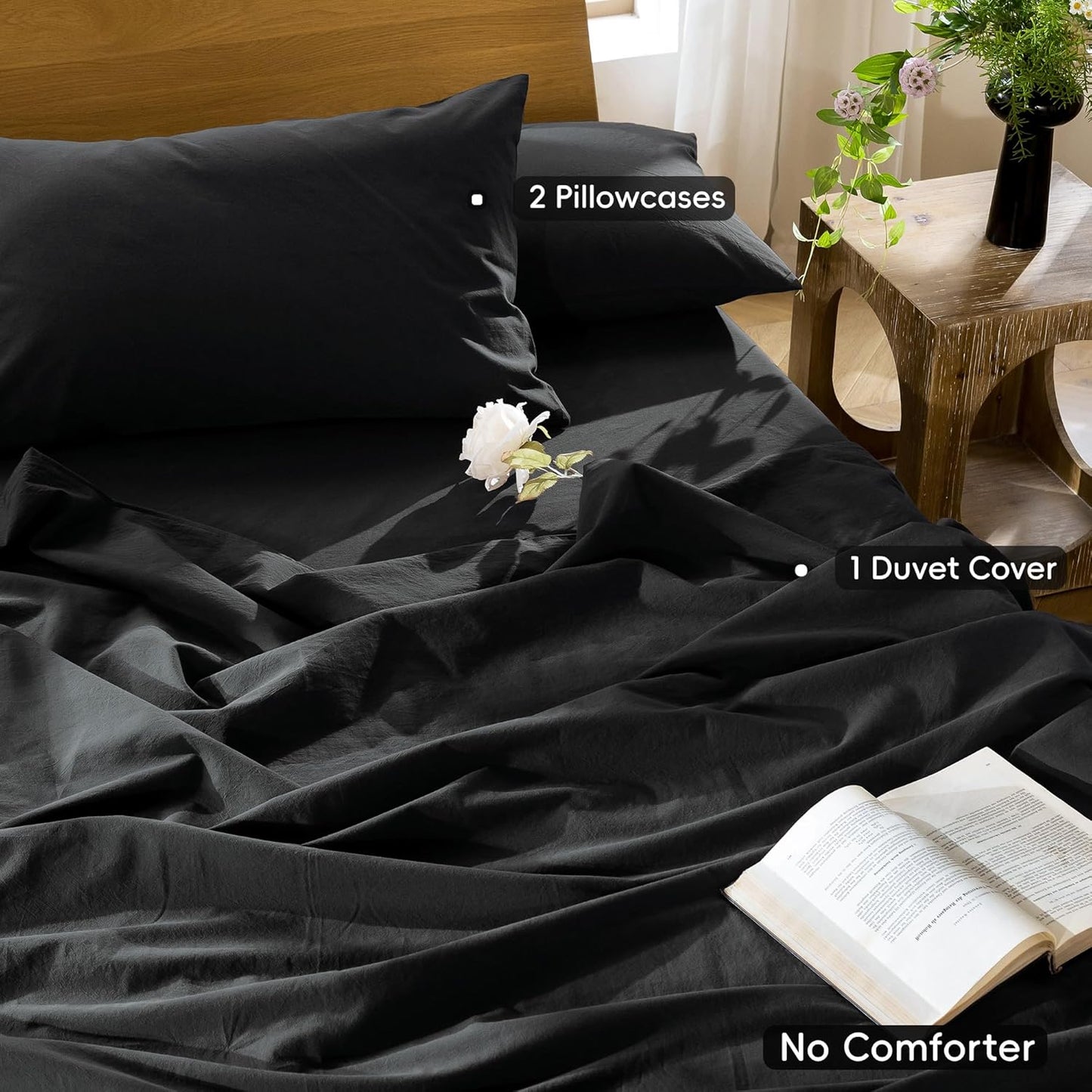 MooMee Bedding Duvet Cover Set 100% Washed Cotton Linen Like Textured Breathable Durable Soft Comfy (Solid Black, Palatial King/Oversized King 120"x98")