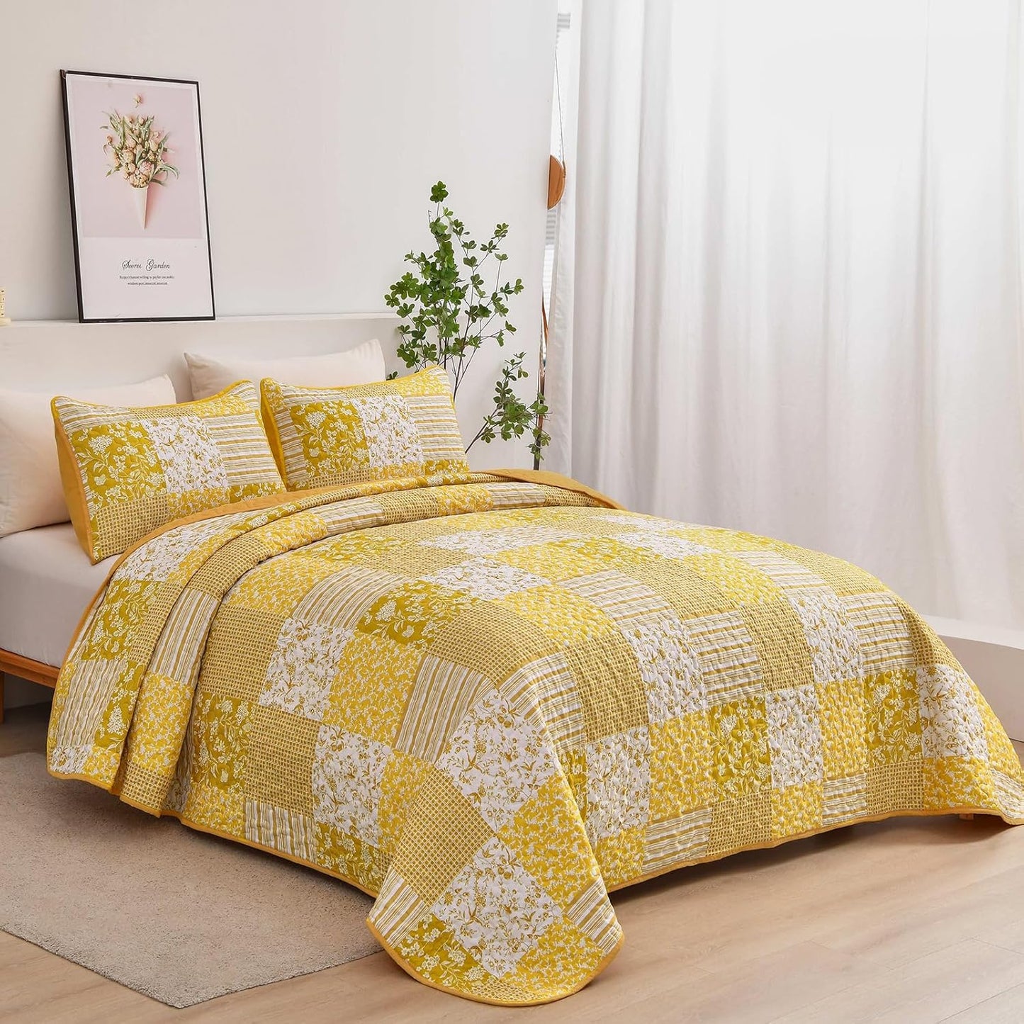 Mybedsoul Yellow Boho Quilt Set King Size,3 Pieces Plaid Floral Bedspread Coverlet Set Summer,Patchwork Reversible Bedding Set King 90"x104"