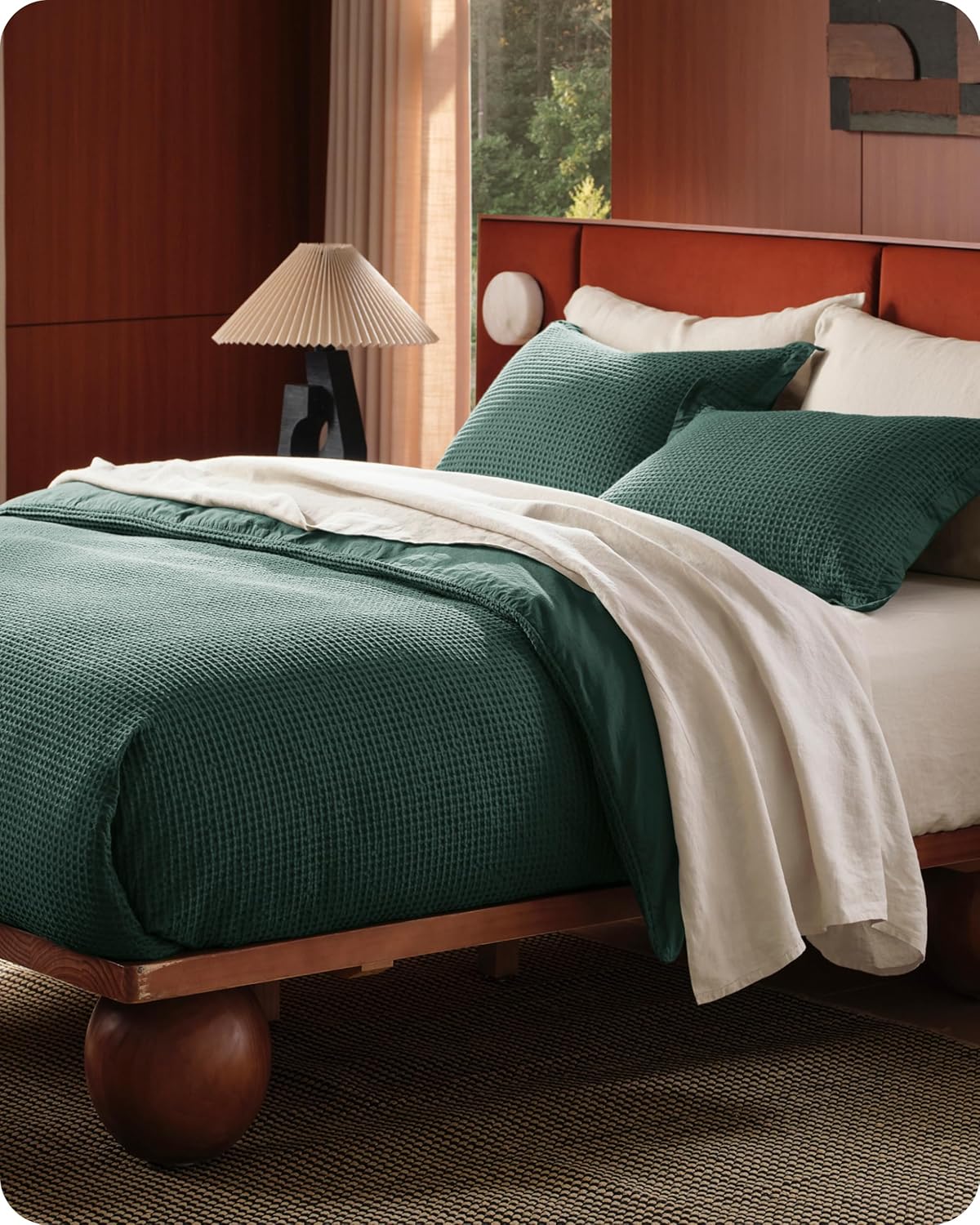 Bedsure Cotton Duvet Cover Queen - 100% Cotton Waffle Weave Forest Green Duvet Cover Queen Size, GentleSoft™ and Breathable Bedding Set for All Season, 3 Pieces, 90"x90"
