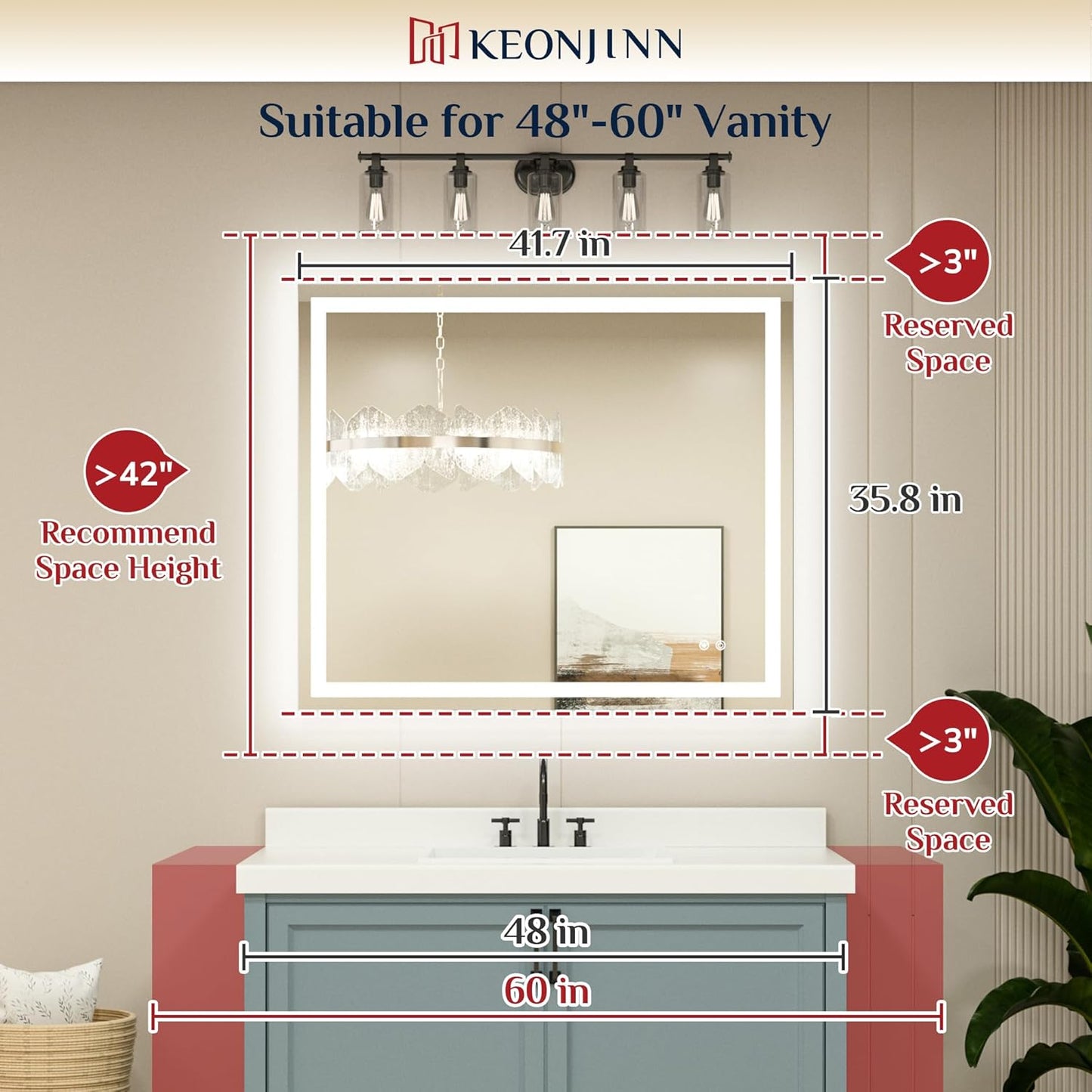 Keonjinn 42 x 36 Inch LED Bathroom Mirror with Lights, Bighter Frontlit & Backlit Vanity Mirror with Stepless Dimmable 3-Color, Anti-Fog Mirror for Wall, HD Tempered Glass, Memory Founction, CR90+