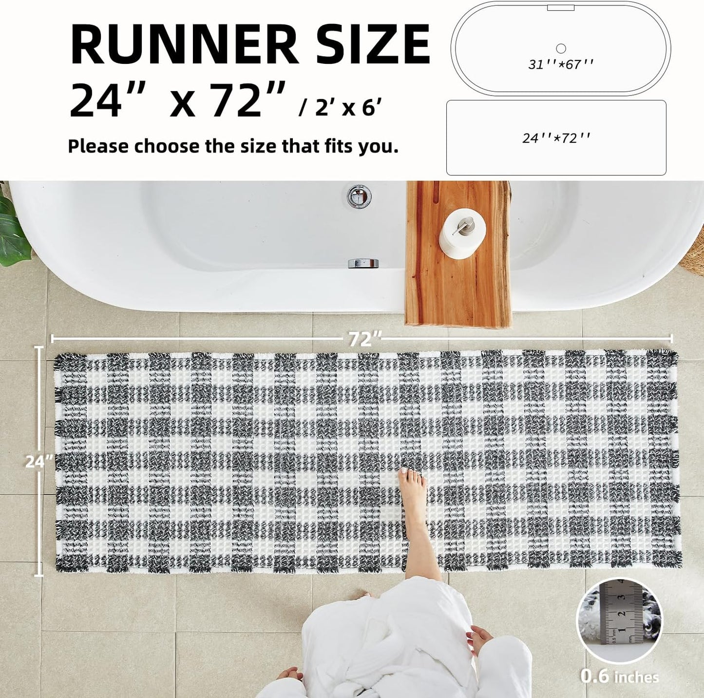 Waffle Runner Rug Bathroom, Long Boho Bathroom Rugs Non Slip Washable Absorbent Checkered Bathroom Mat Quick Dry Farmhouse Bath Mat, 72"x24" Black and White