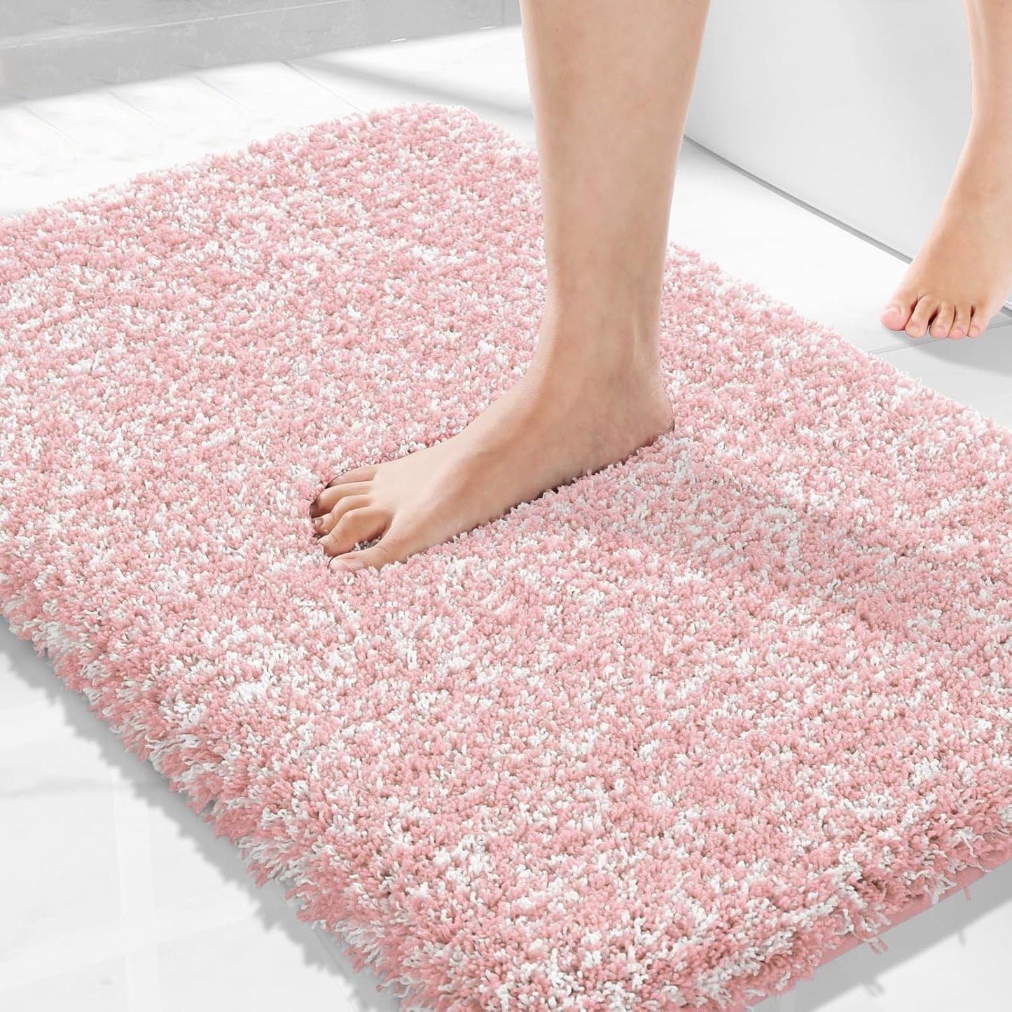Yimobra Bath Rugs For Bathroom 32x20, Ultra Soft and Water Absorbent Bath Mats, Non Slip Plush Shower Mat Outside, Microfiber Thick Matts for Bathroom Floor/Tub, Machine Washable, Light Pink and White