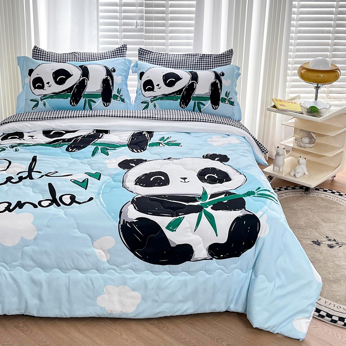 Wajade Kids Panda Comforter Set Bed in A Bag Full Size 7 Piece Blue 3D Cute Panda Bamboo Clouds Bedding Set for Girls Boys (1 Comforter, 1 Flat Sheet, 1 Fitted Sheet, 2 Pillowcase and 2 Pillow Sham)
