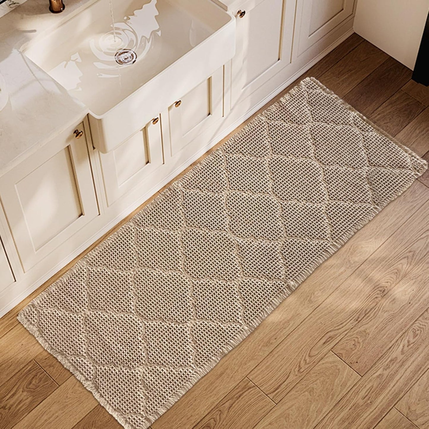 ZALL Tan Waffle Bath Mat,Super Absorbent Non Slip Bathroom Rug,Brown 24X72 inch, Geometric Diamond Machine Washable Ultra Soft Floor Mats