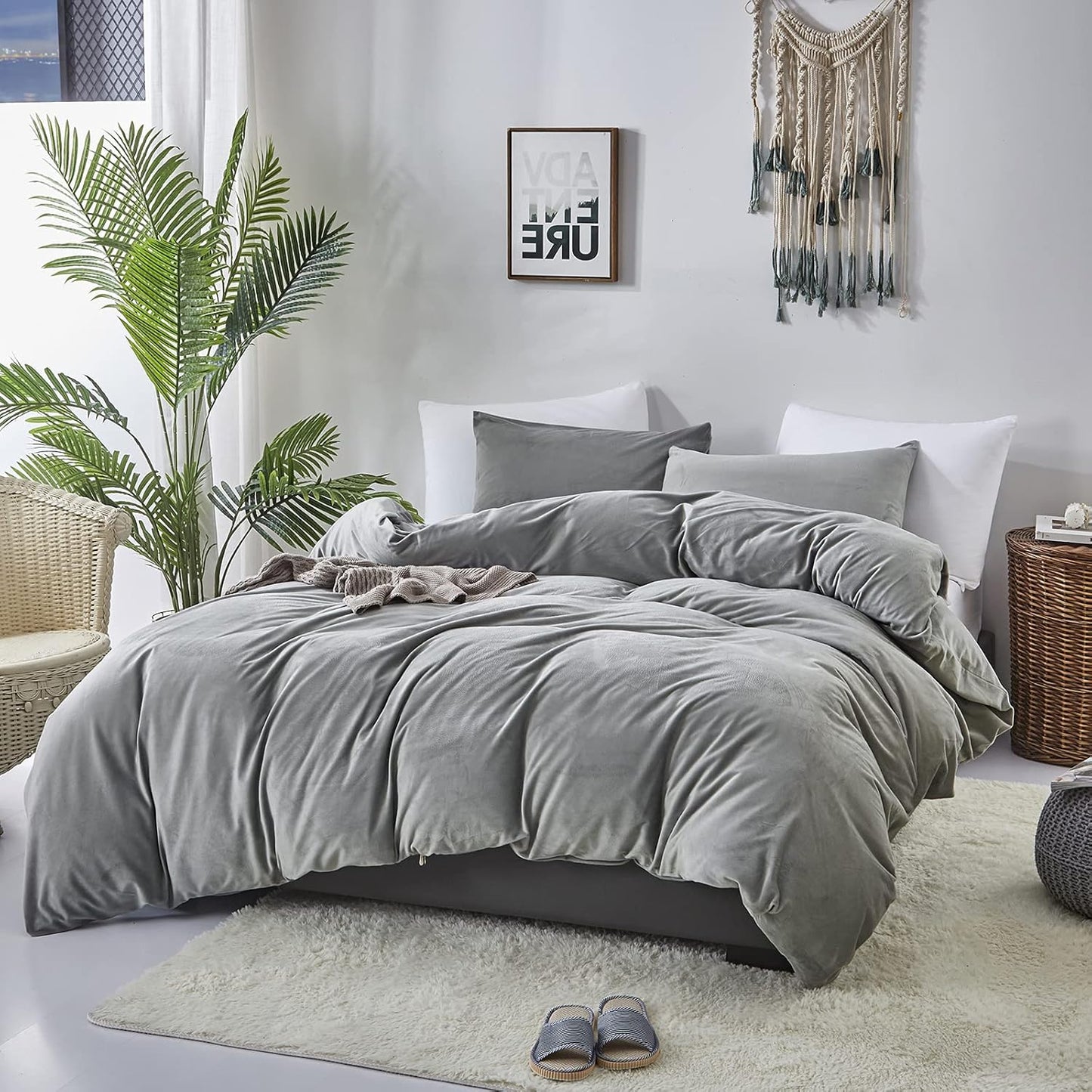 Cottonight Grey Velvet Comforter Set King Plush Fluffy Gray Bedding Set Winter Warm Cozy Super Soft Heavyweight Flannel Comforter Set with 2 Pillowcases Soft Comfy for Women Men Adults