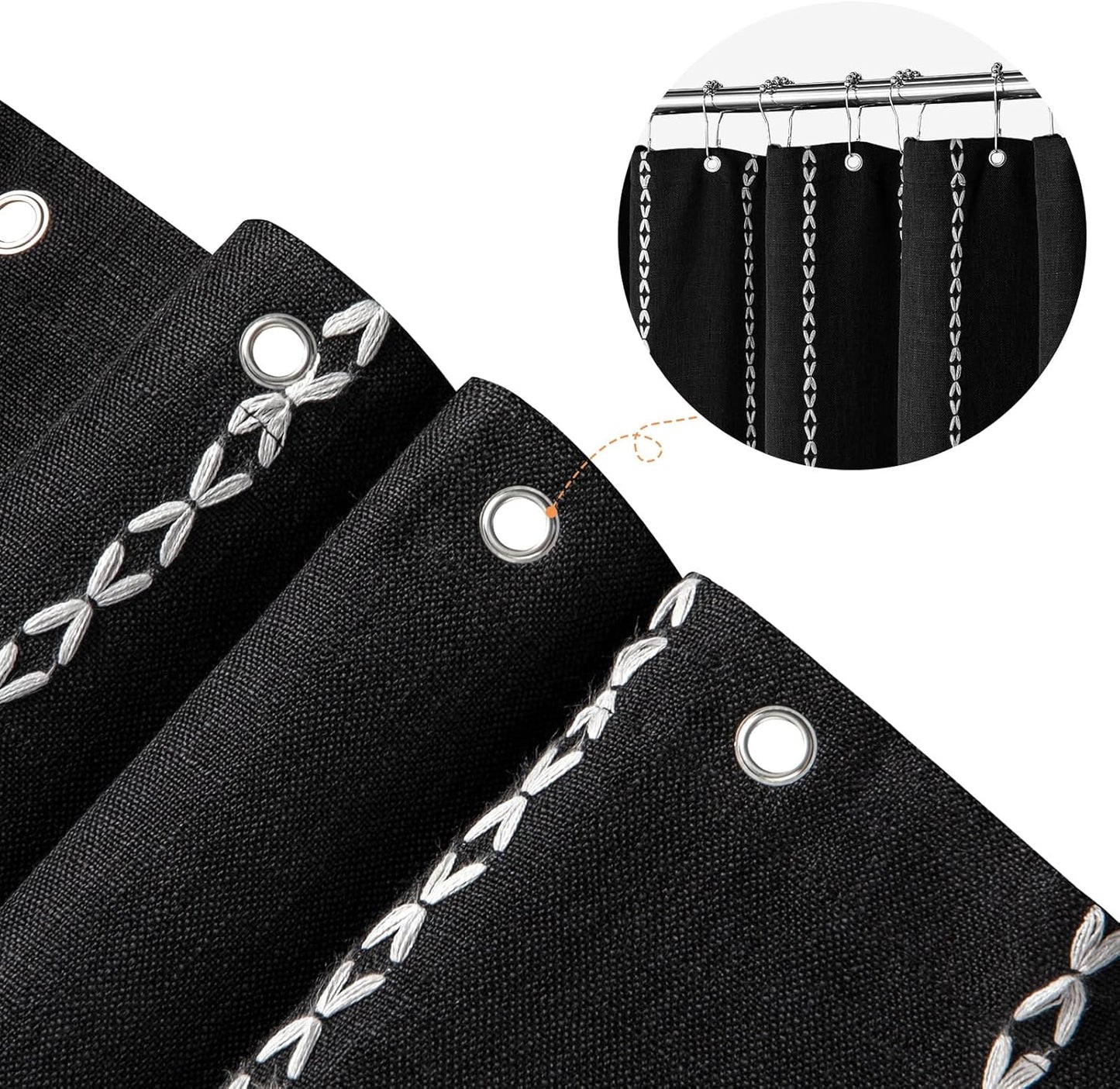 MitoVilla Boho Extra Long Shower Curtain 72 x 96, Black Modern Farmhouse 96 inch XL Polyester Linen Texture Tassel Fabric Shower Curtain Set with Hooks for Cottagecore Country Bathroom Decor,Black