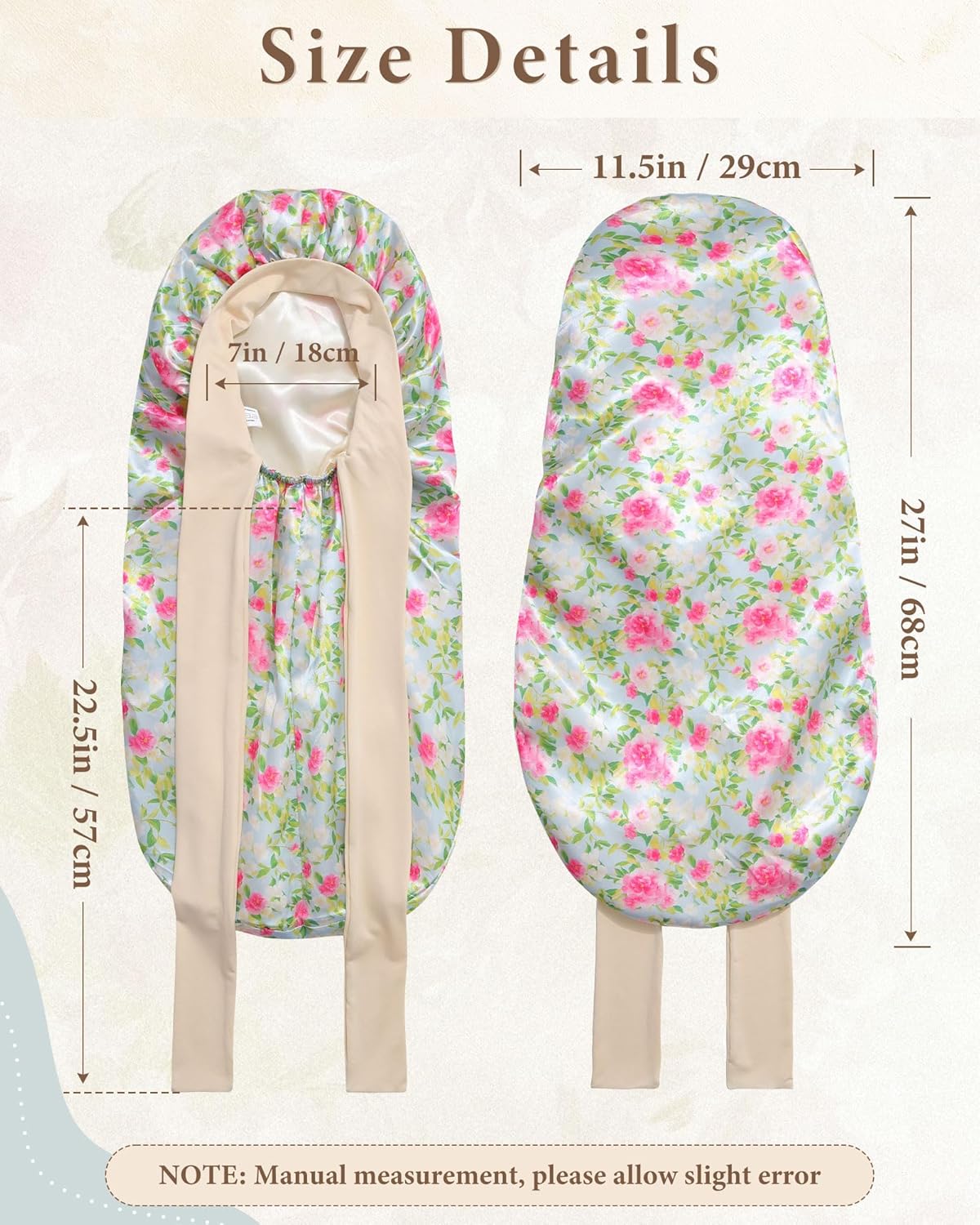 AWAYTR Long Satin Bonnet for Sleeping, Reversible Double Layer Hair Bonnet with Elastic Tie Band (Rose Print+Blue)