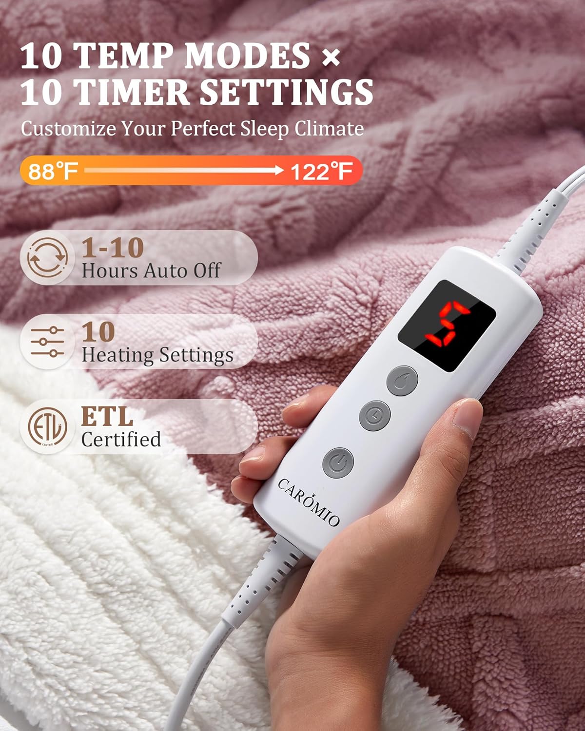 CAROMIO Electric Blanket Full Size - Thick Tufted Sherpa Heated Blanket Full Size with 10 Heat Levels and 10 Time Settings, ETL Certified Machine Washable Fast Heating Blanket Full 72"×84", Dusty Pink